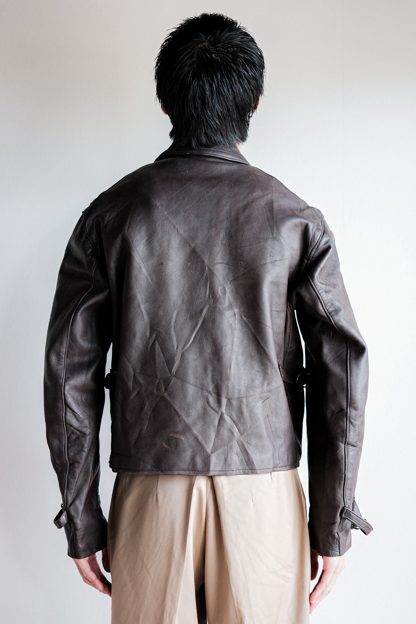 【~40’s】French Vintage Brown Leather Cyclist Jacket "Modified"