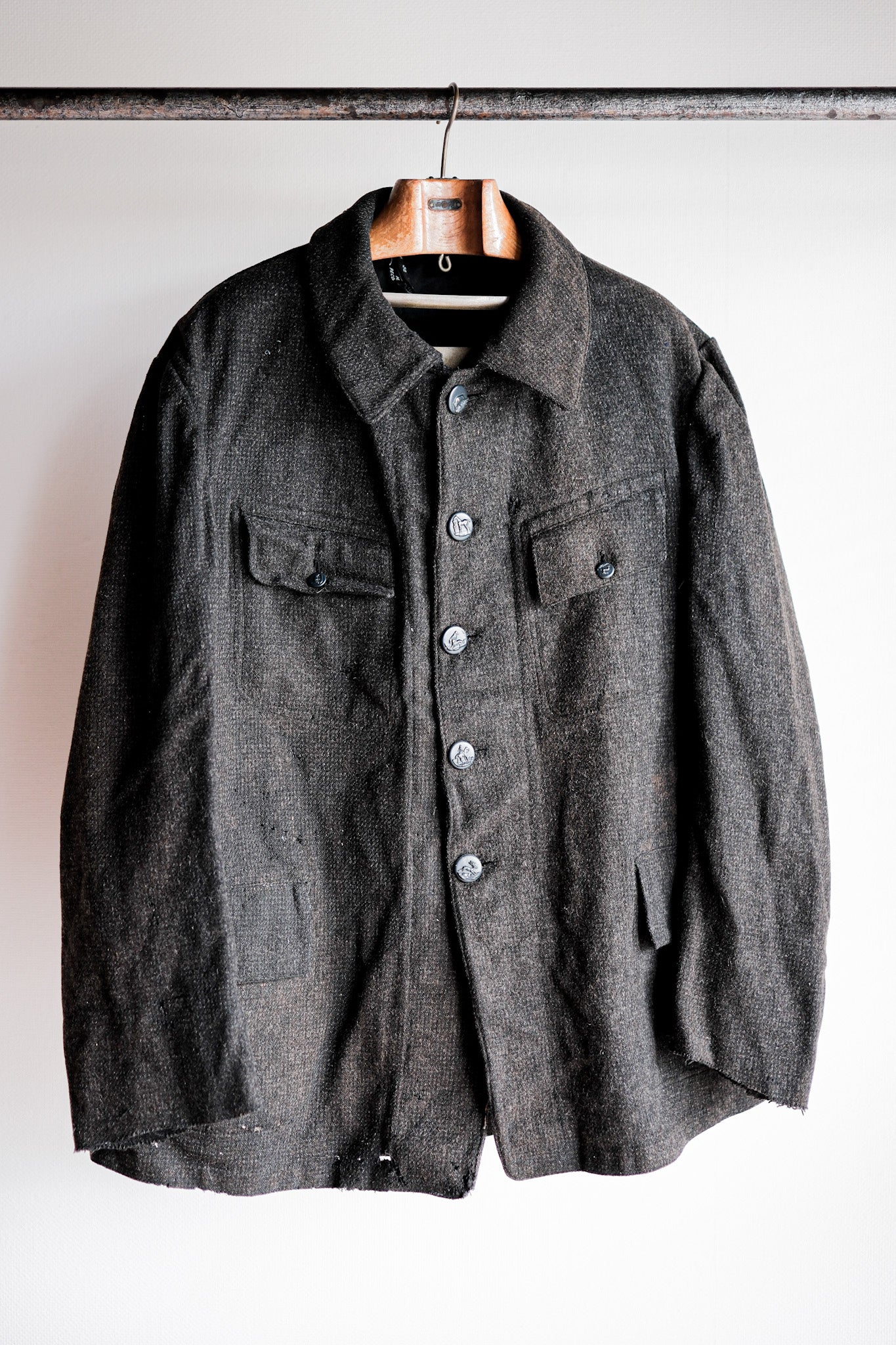 【~30's】French Vintage Gray Wool Hunting Jacket With Chin Strap "Boro"