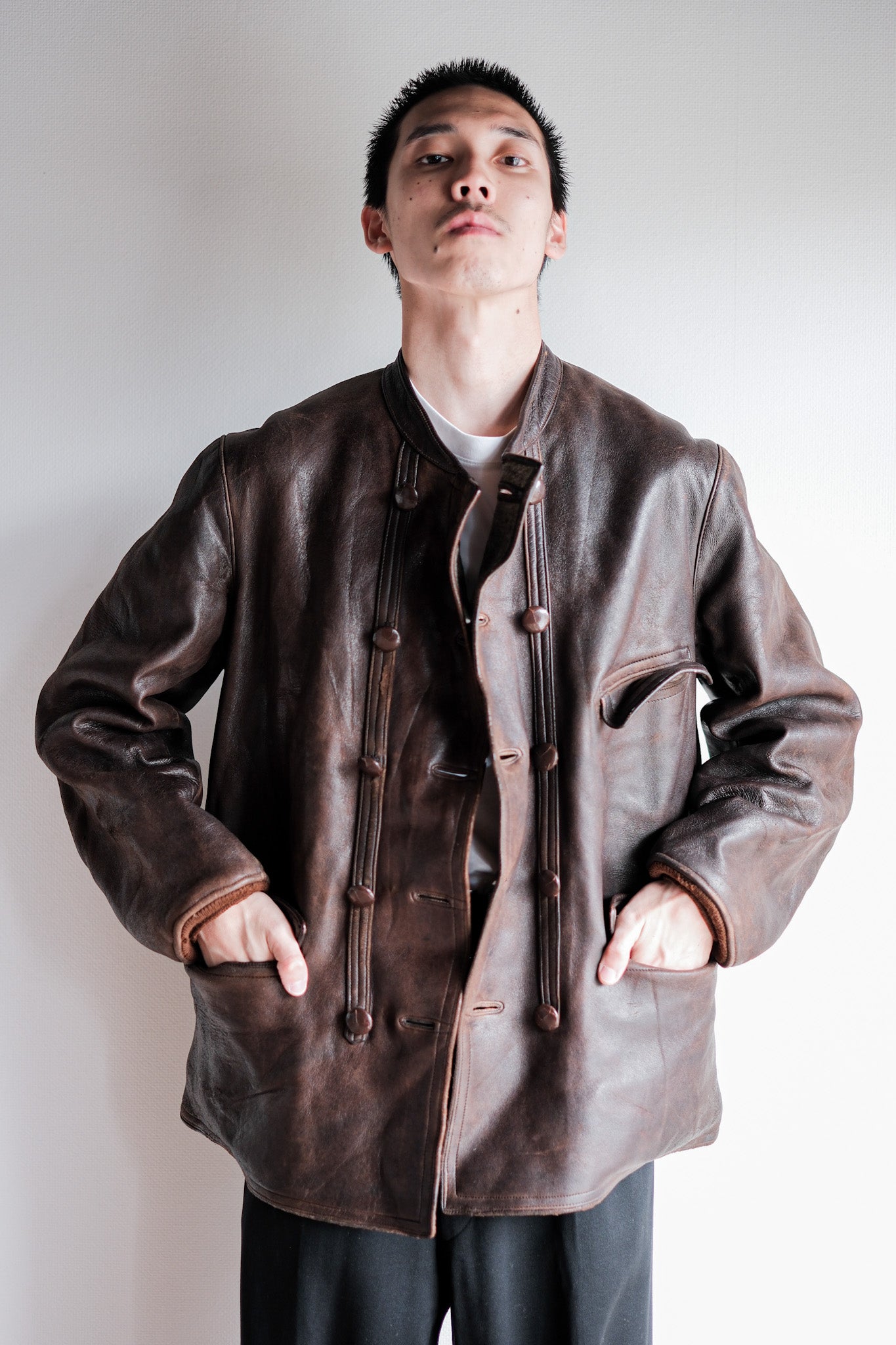 【~40's】Swedish Vintage Double Breasted Leather Jacket