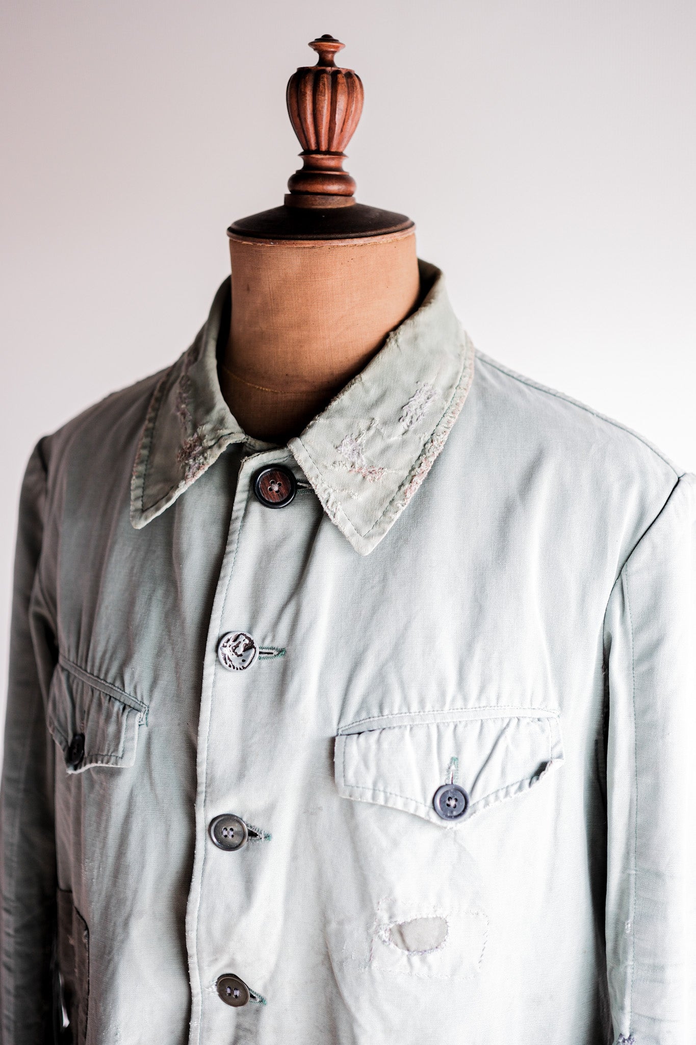 【~50's】French Vintage Green Cotton Canvas Hunting Jacket With Chin Strap "Patchwork"