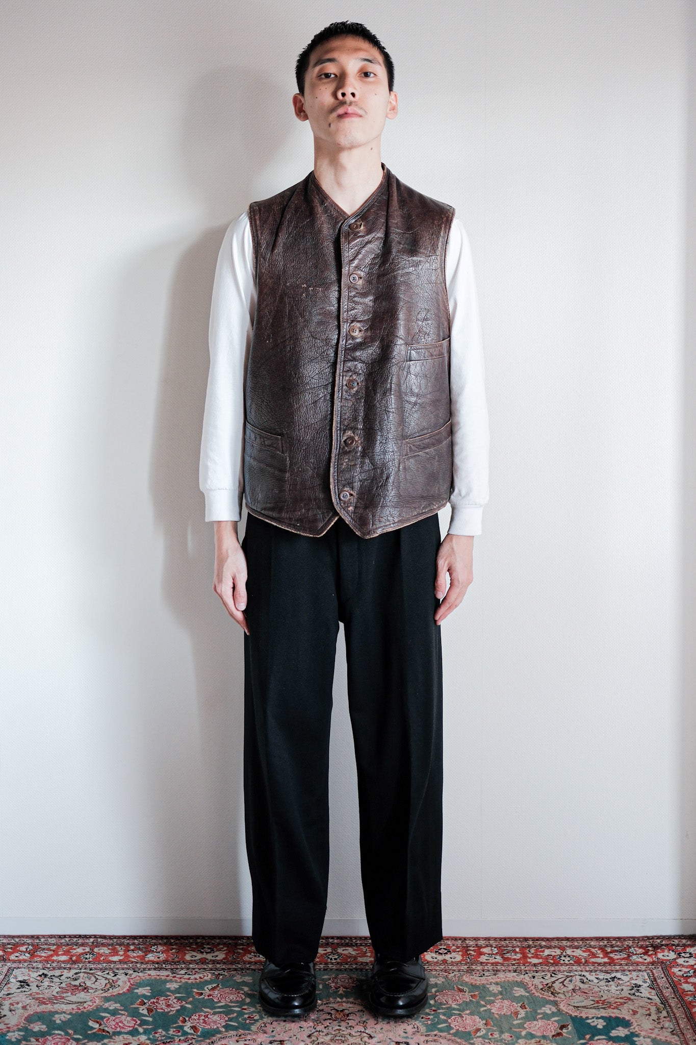 【~40's】French Vintage Brown Leather Work Gilet