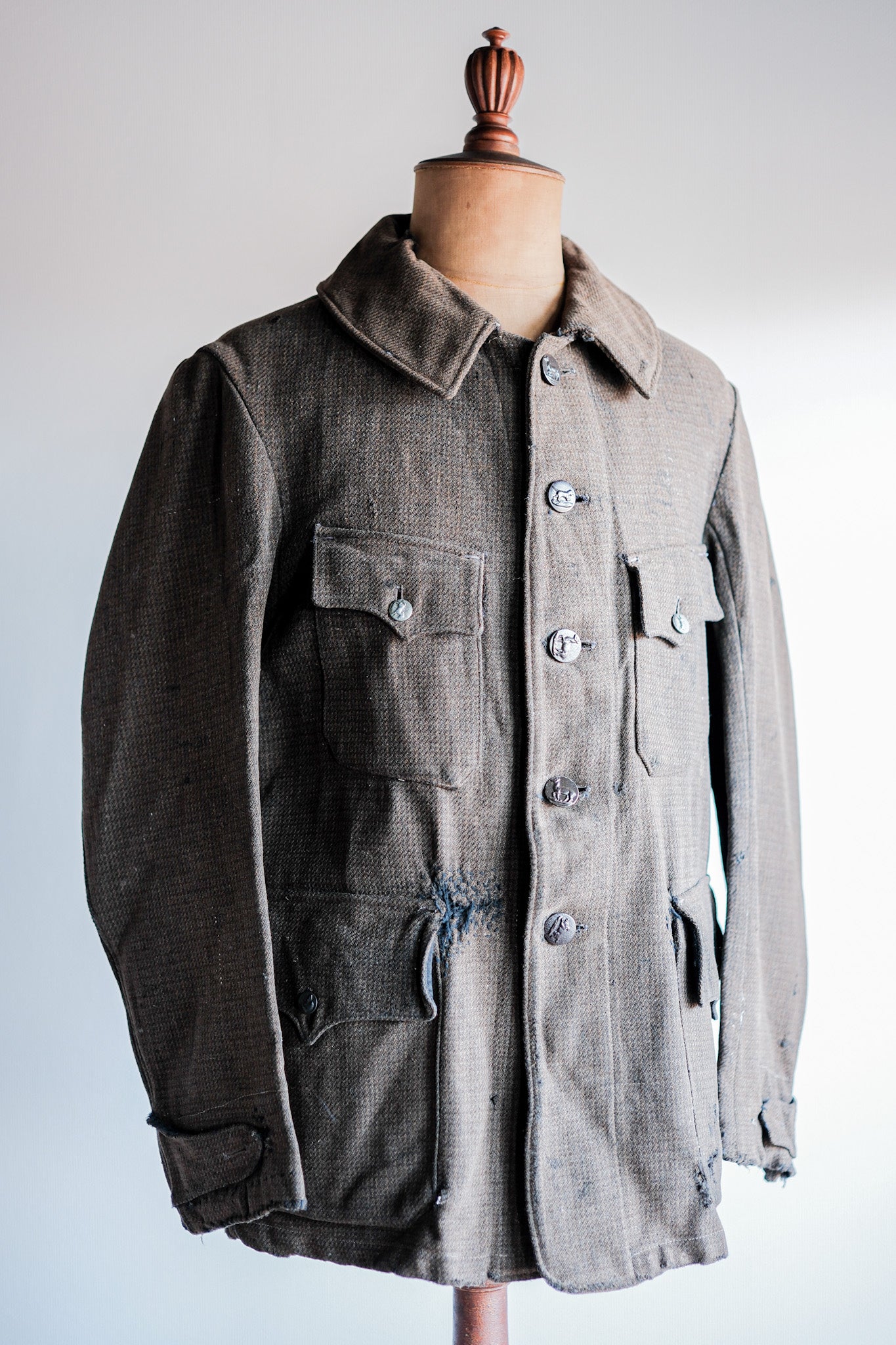 【~30's】French Vintage Brown Wool Hunting Jacket "Boro"