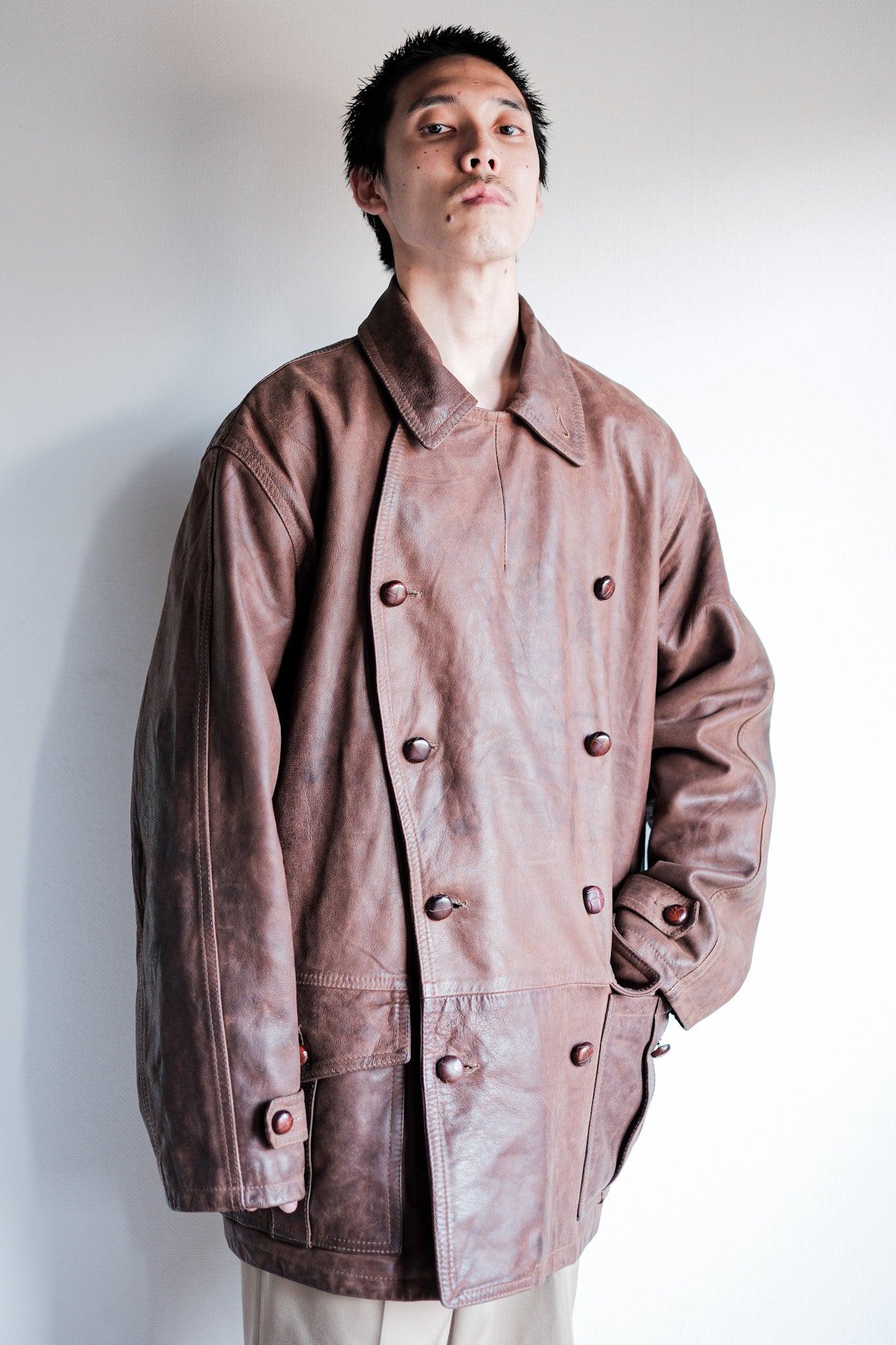 【~80's】Italian Vintage Double Breasted Leather Jacket Size.52