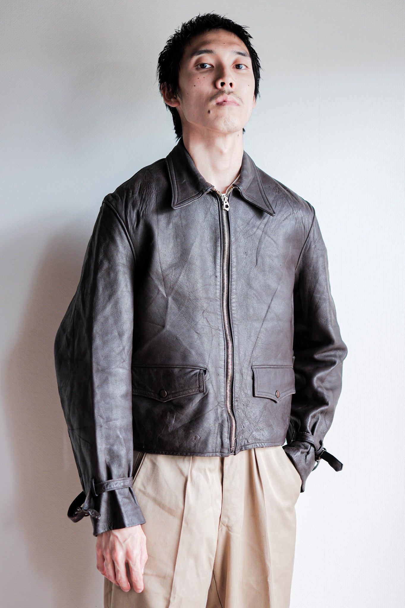 【~40’s】French Vintage Brown Leather Cyclist Jacket "Modified"