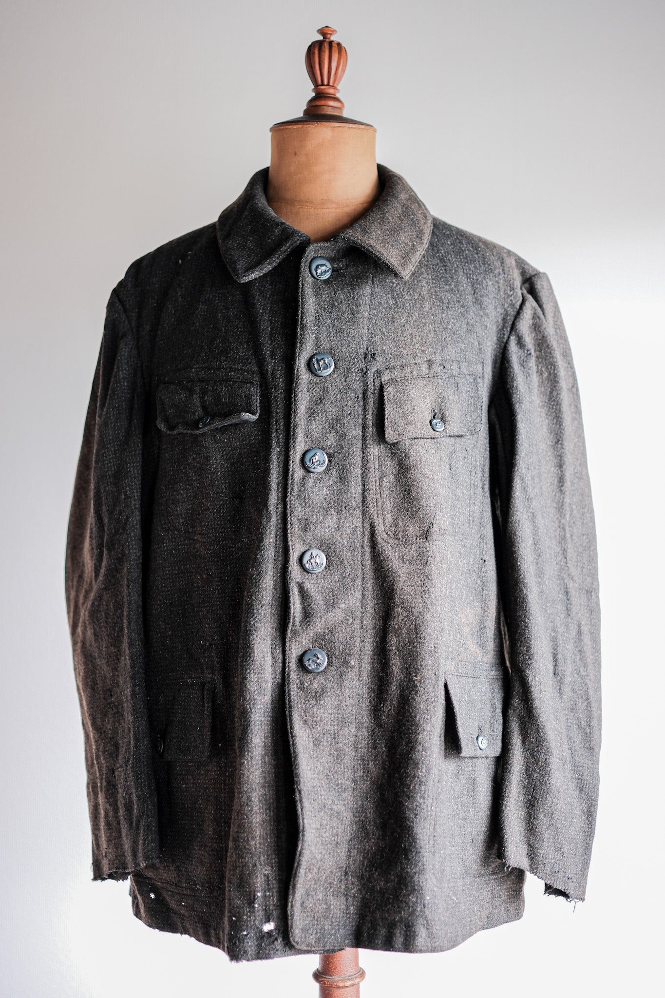 【~30's】French Vintage Gray Wool Hunting Jacket With Chin Strap "Boro"