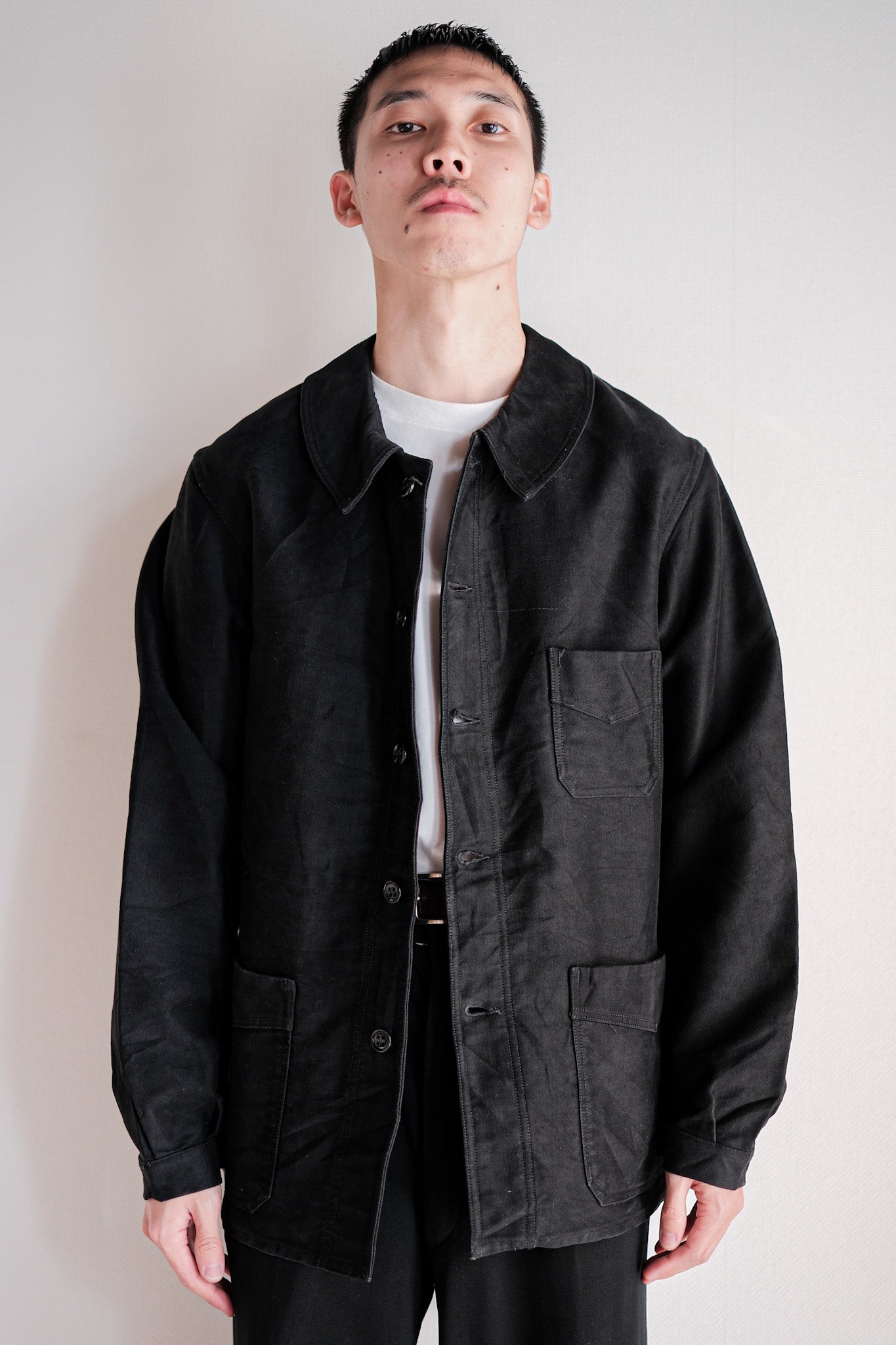 【~30's】French Vintage Black Moleskin Work Jacket "Le Mont St. Michel"