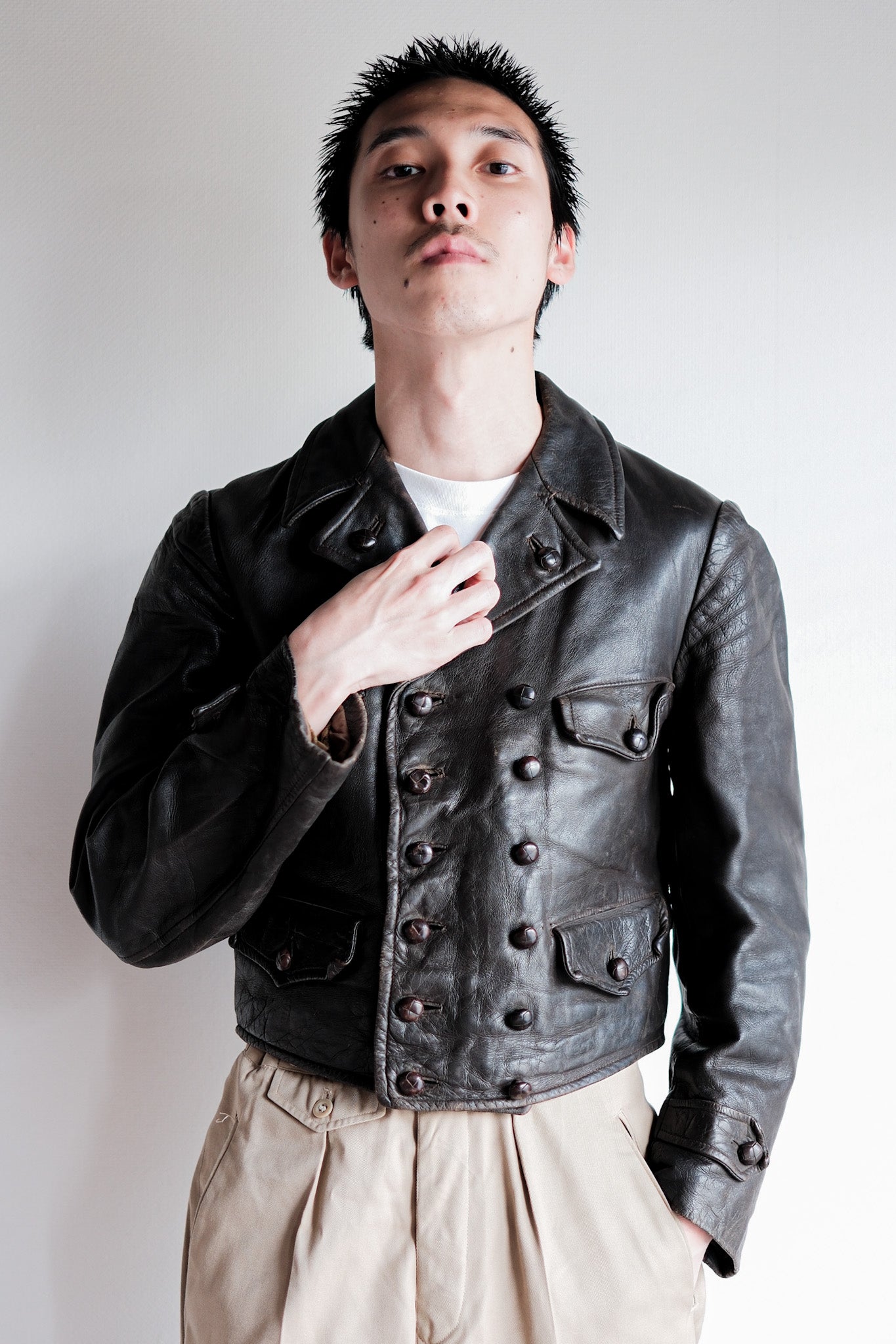 【~40's】German Vintage Double Breasted Motorcycle Leather Jacket