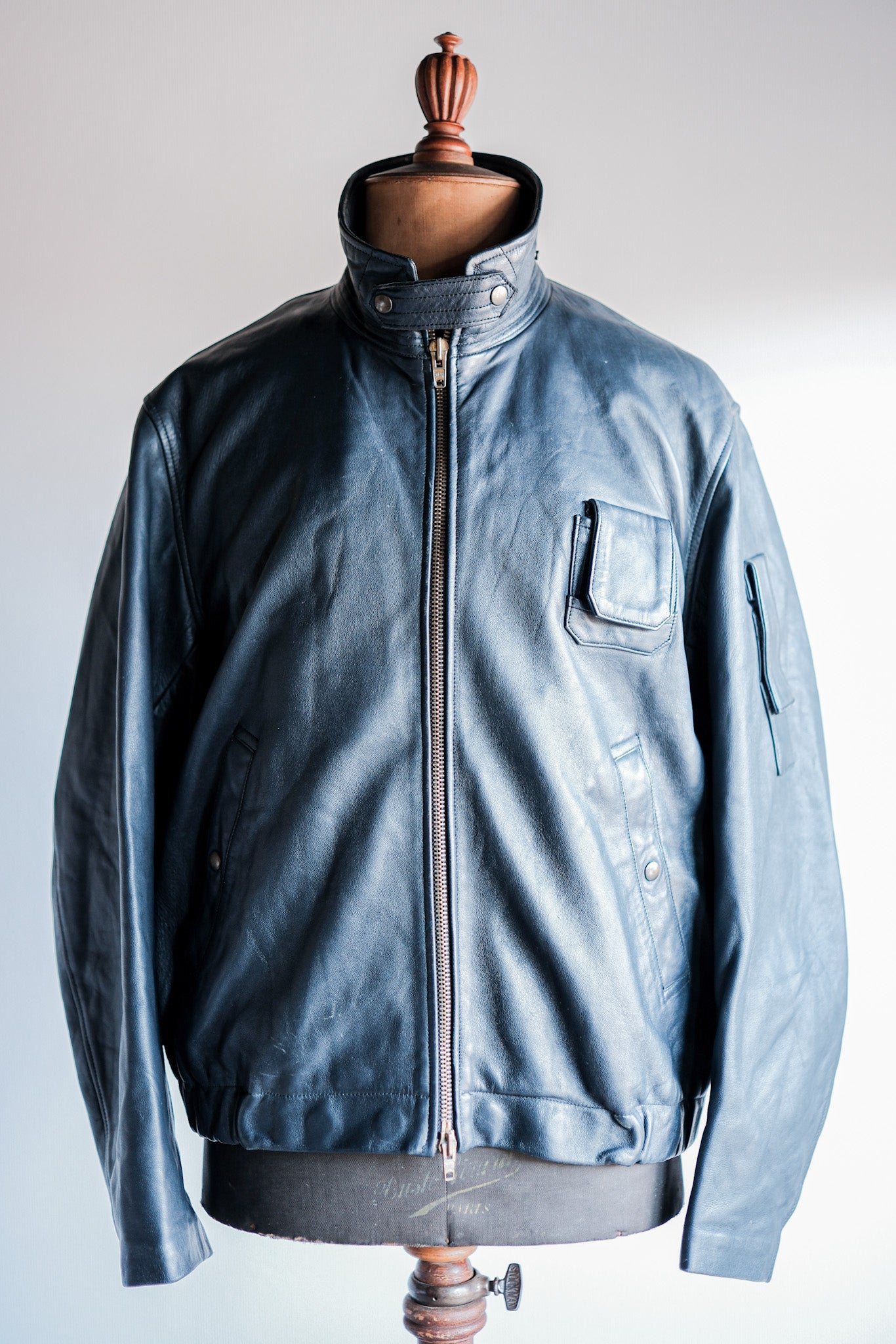 【~70's】French Air Force Pilot Leather Jacket With Chin Strap Size.100L