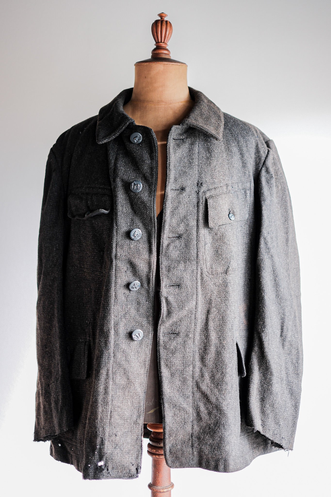 【~30's】French Vintage Gray Wool Hunting Jacket With Chin Strap "Boro"