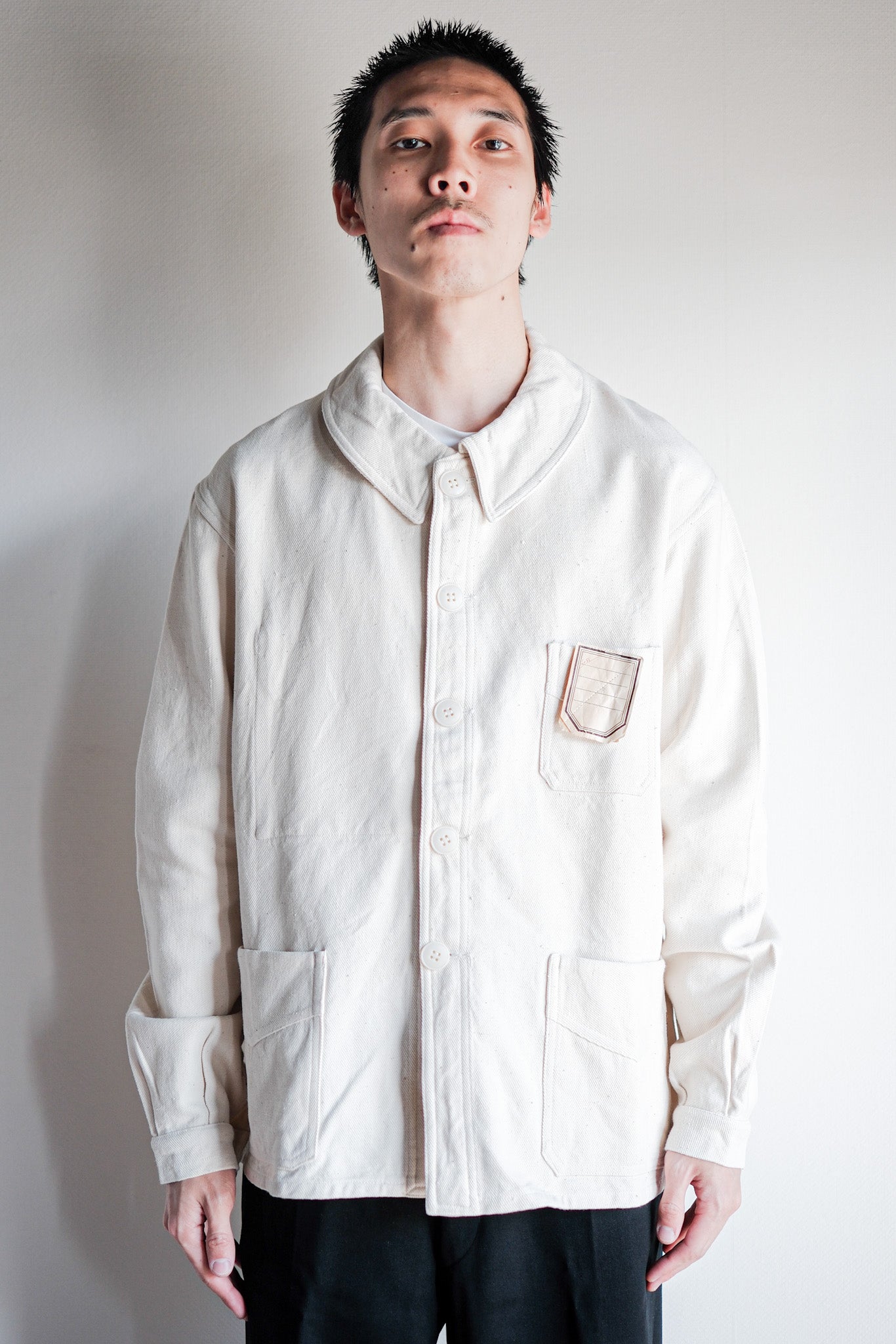 【~40's】French Vintage White Cotton Twill Work Jacket Size.48 "Dead Stock"