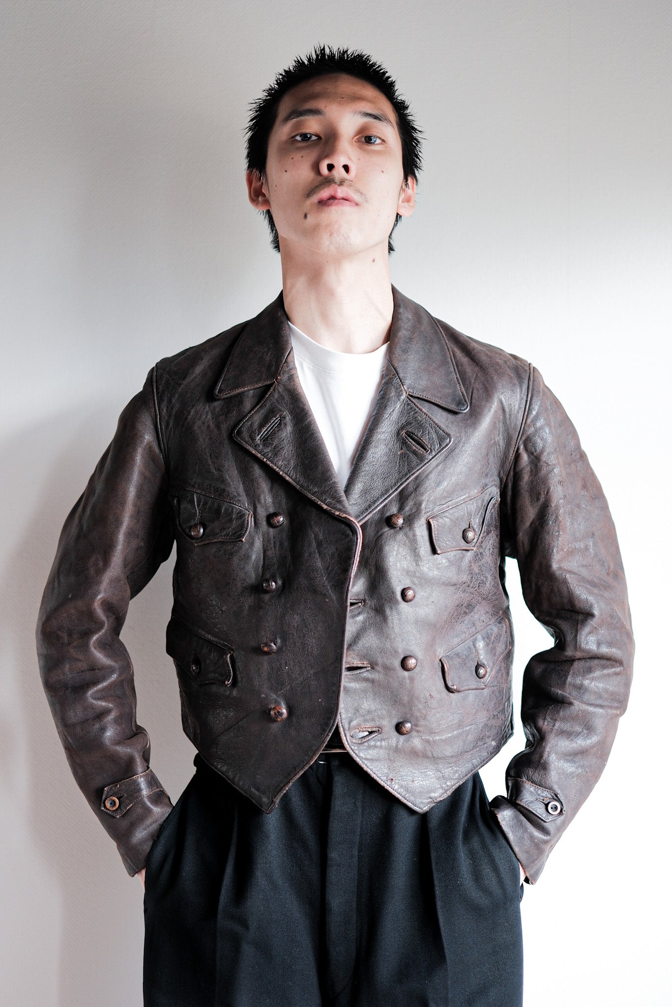 【~40's】German Vintage Double Breasted Motorcycle Leather Jacket