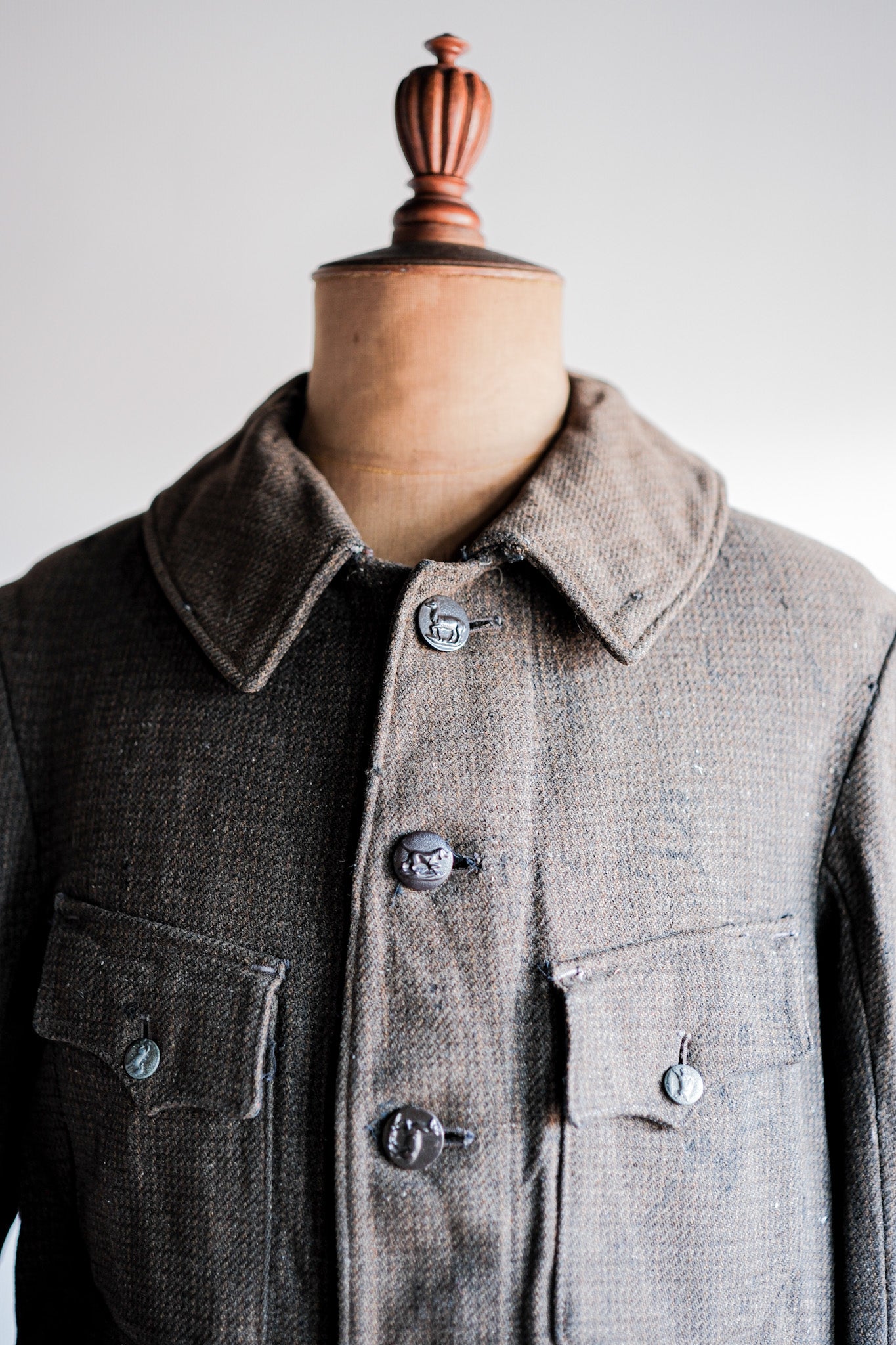 【~30's】French Vintage Brown Wool Hunting Jacket "Boro"