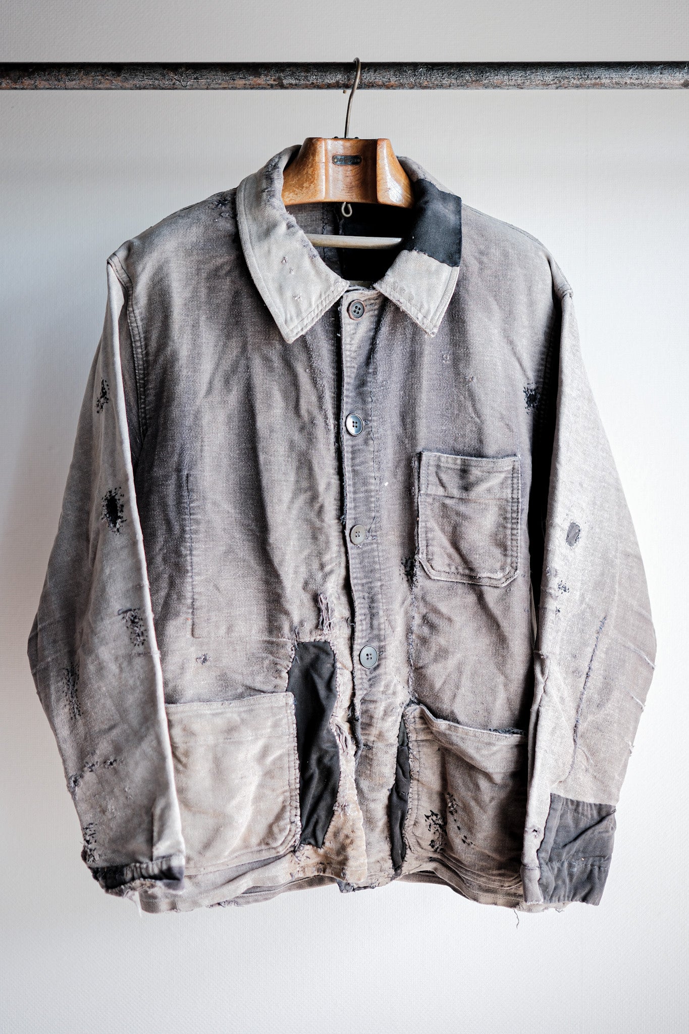 【~50's】French Vintage Black Moleskin Work Jacket "Patchwork"