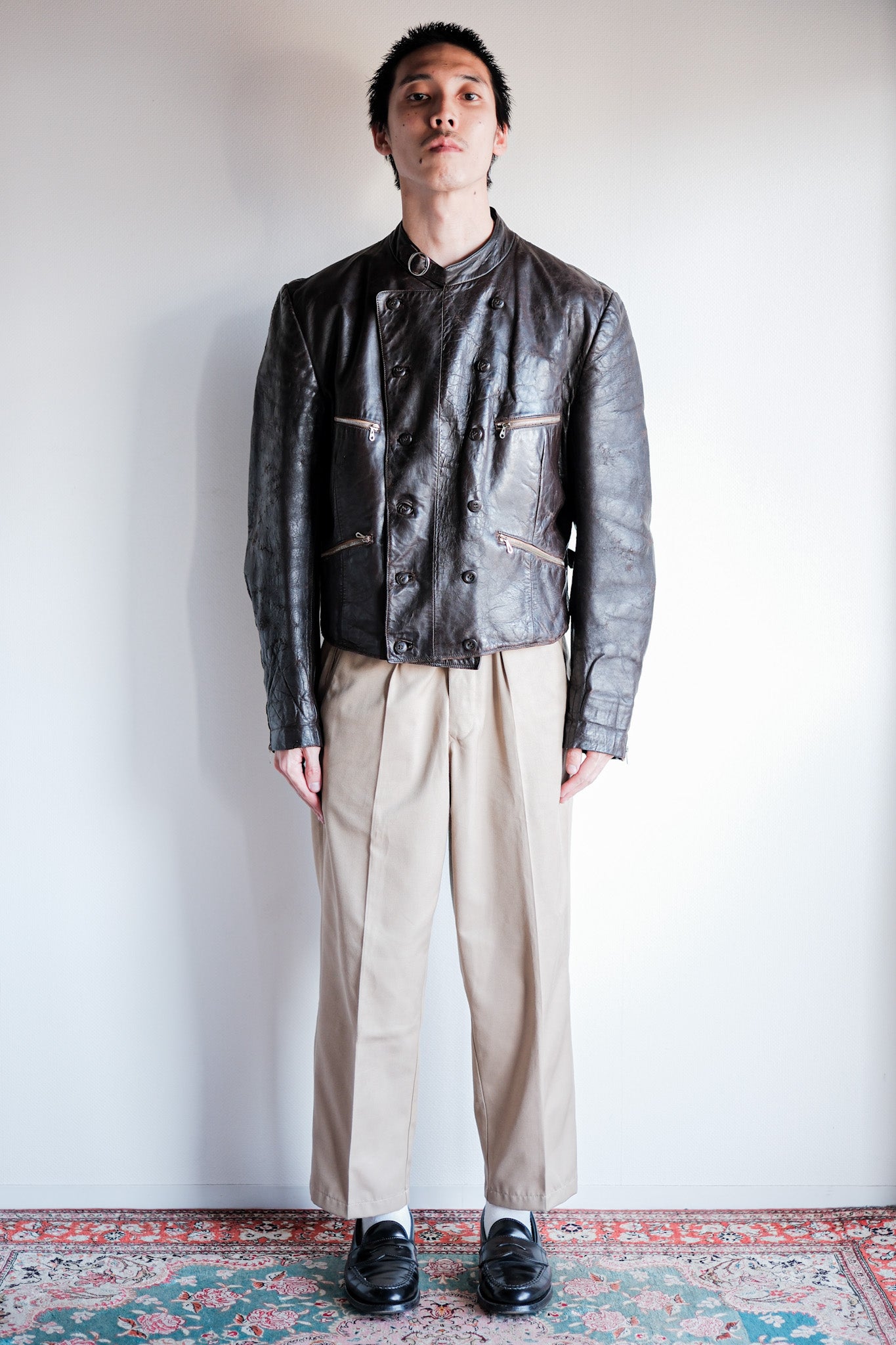 【~40's】German Vintage Double Breasted Motorcycle Leather Jacket