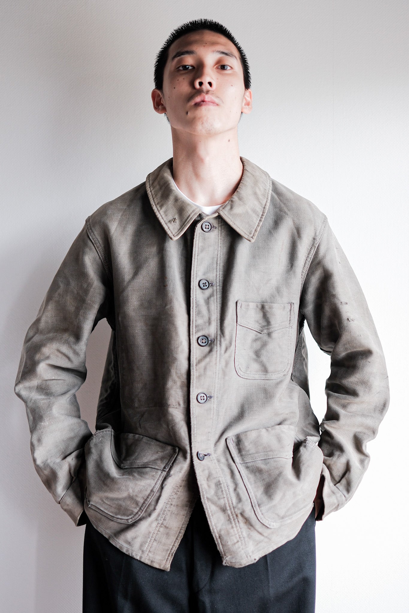 【~40's】French Vintage Black Moleskin Work Jacket "Adolphe Lafont"