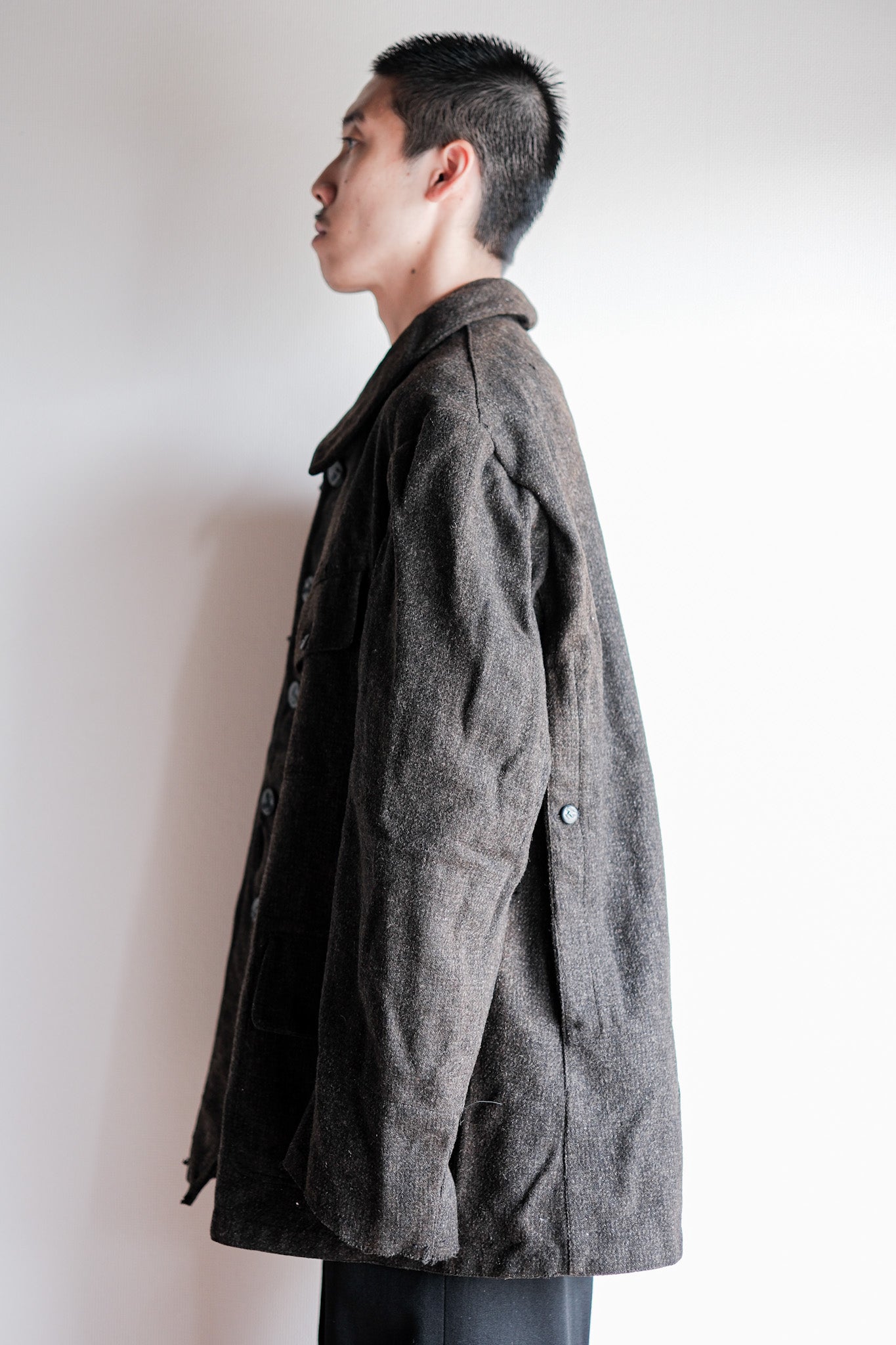 【~30's】French Vintage Gray Wool Hunting Jacket With Chin Strap "Boro"