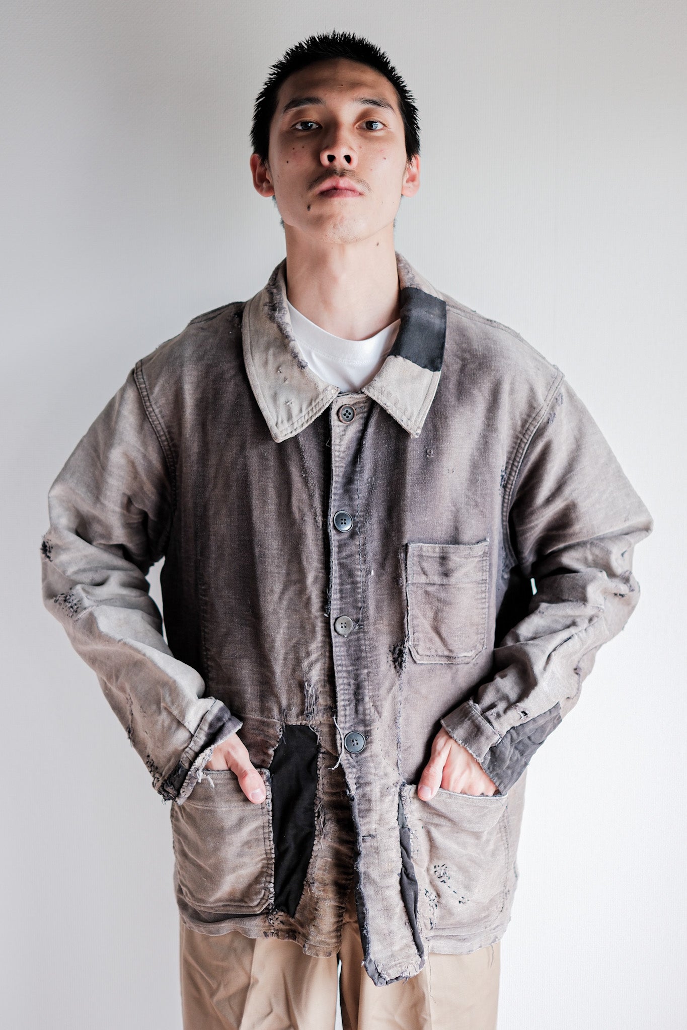 【~50's】French Vintage Black Moleskin Work Jacket "Patchwork"