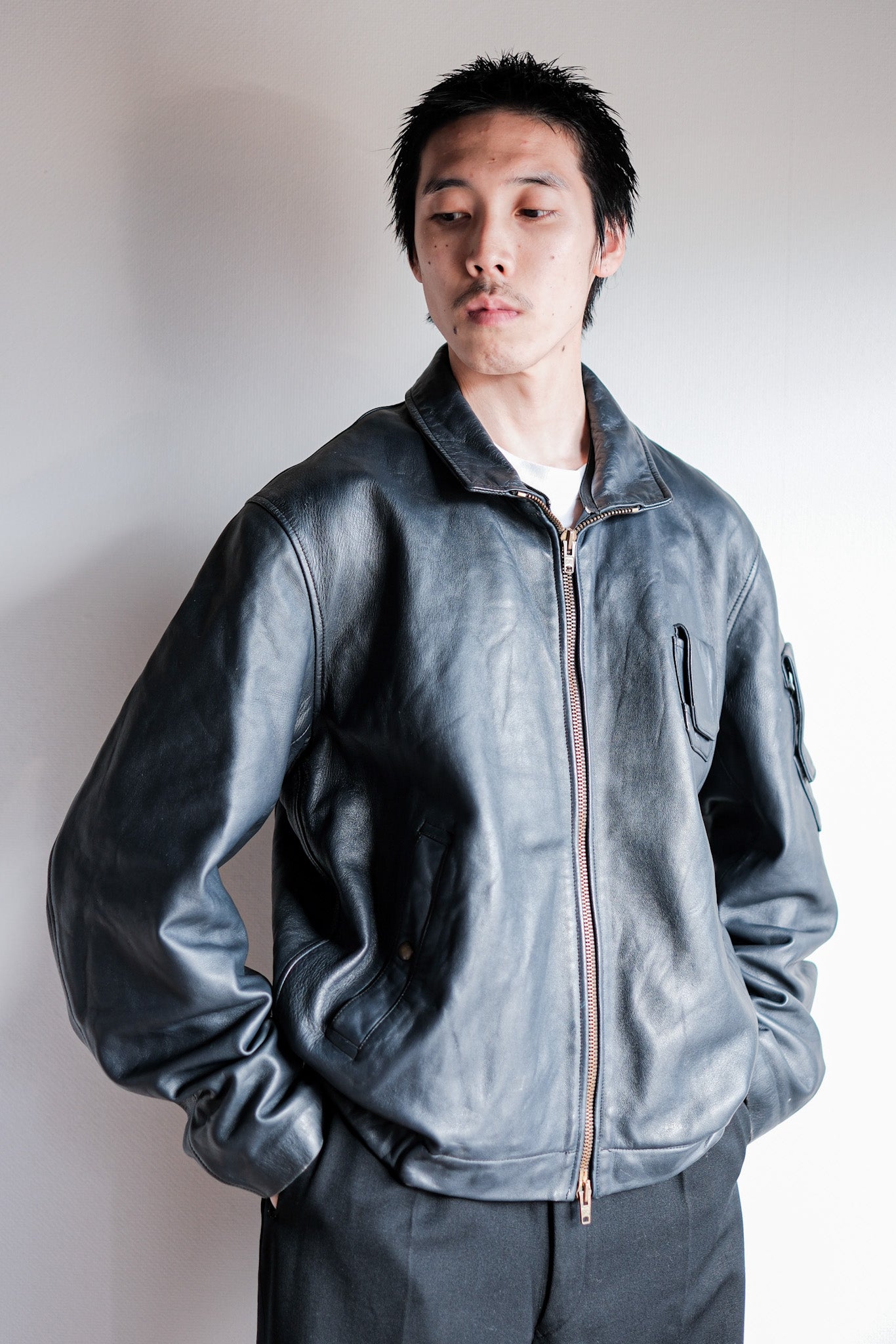 【~70's】French Air Force Pilot Leather Jacket With Chin Strap Size.100L