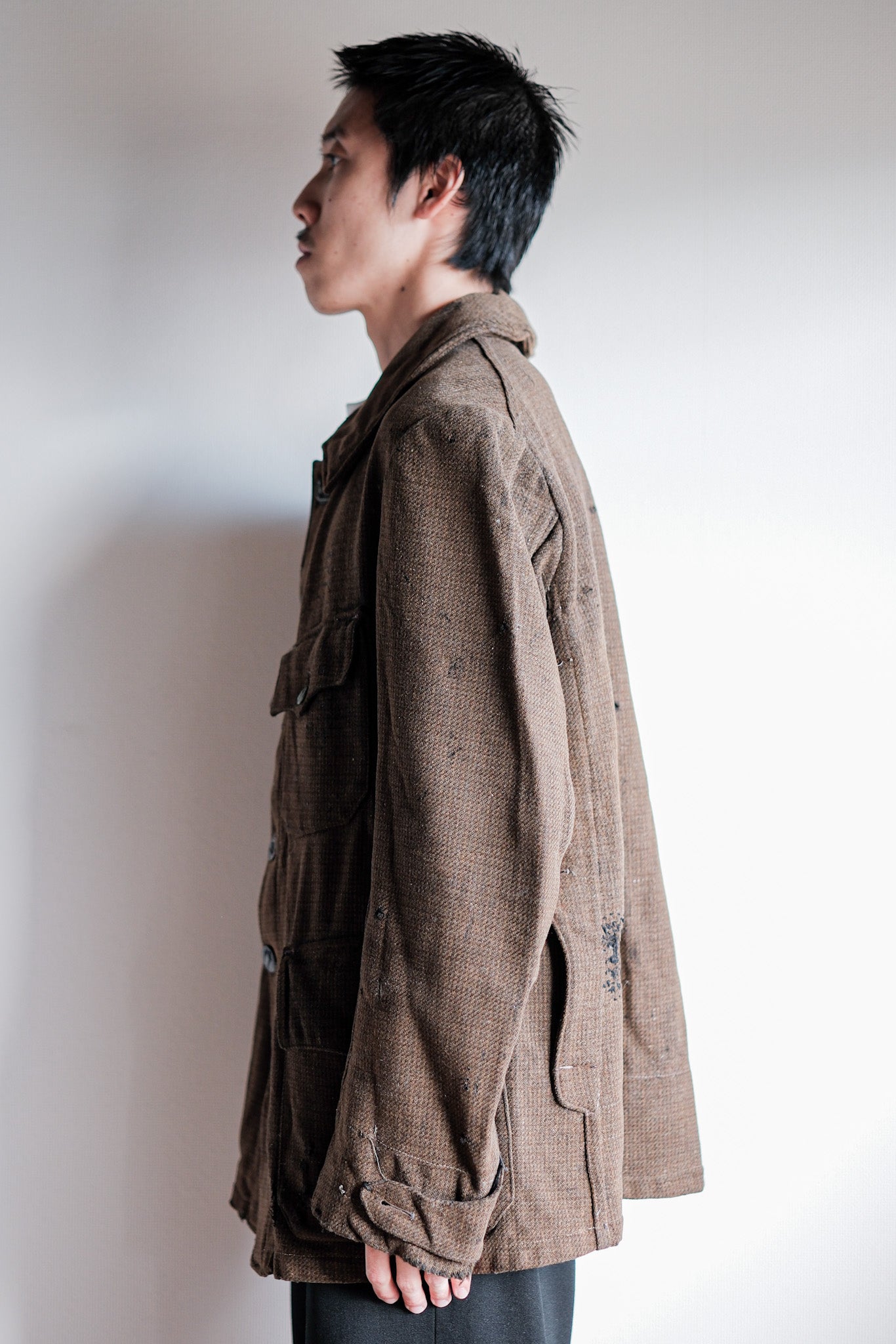 【~30's】French Vintage Brown Wool Hunting Jacket "Boro"