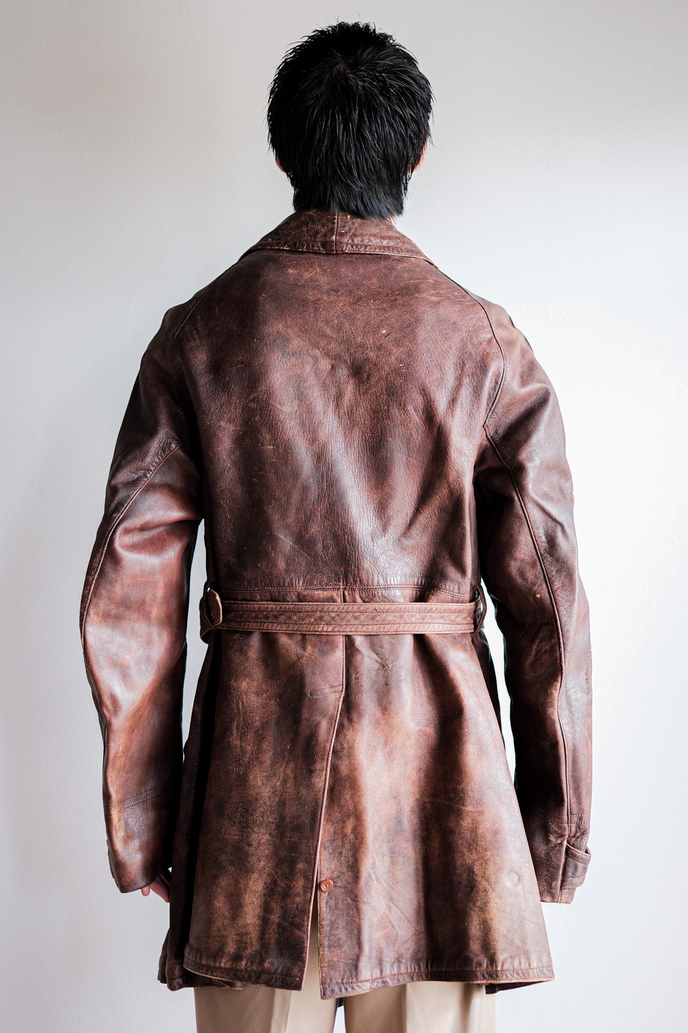 【~40's】French Vintage Double Breasted Brown Leather Coat With Chin Strap