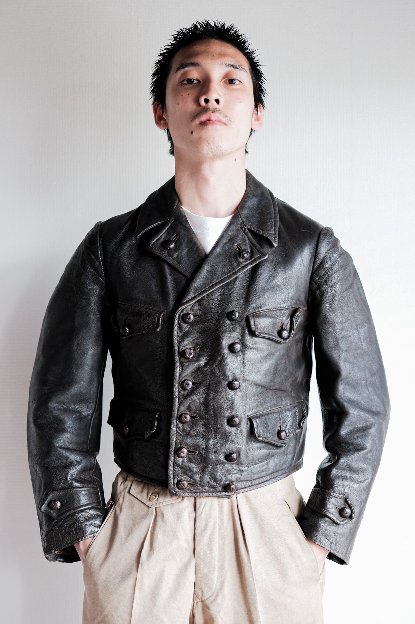 【~40's】German Vintage Double Breasted Motorcycle Leather Jacket