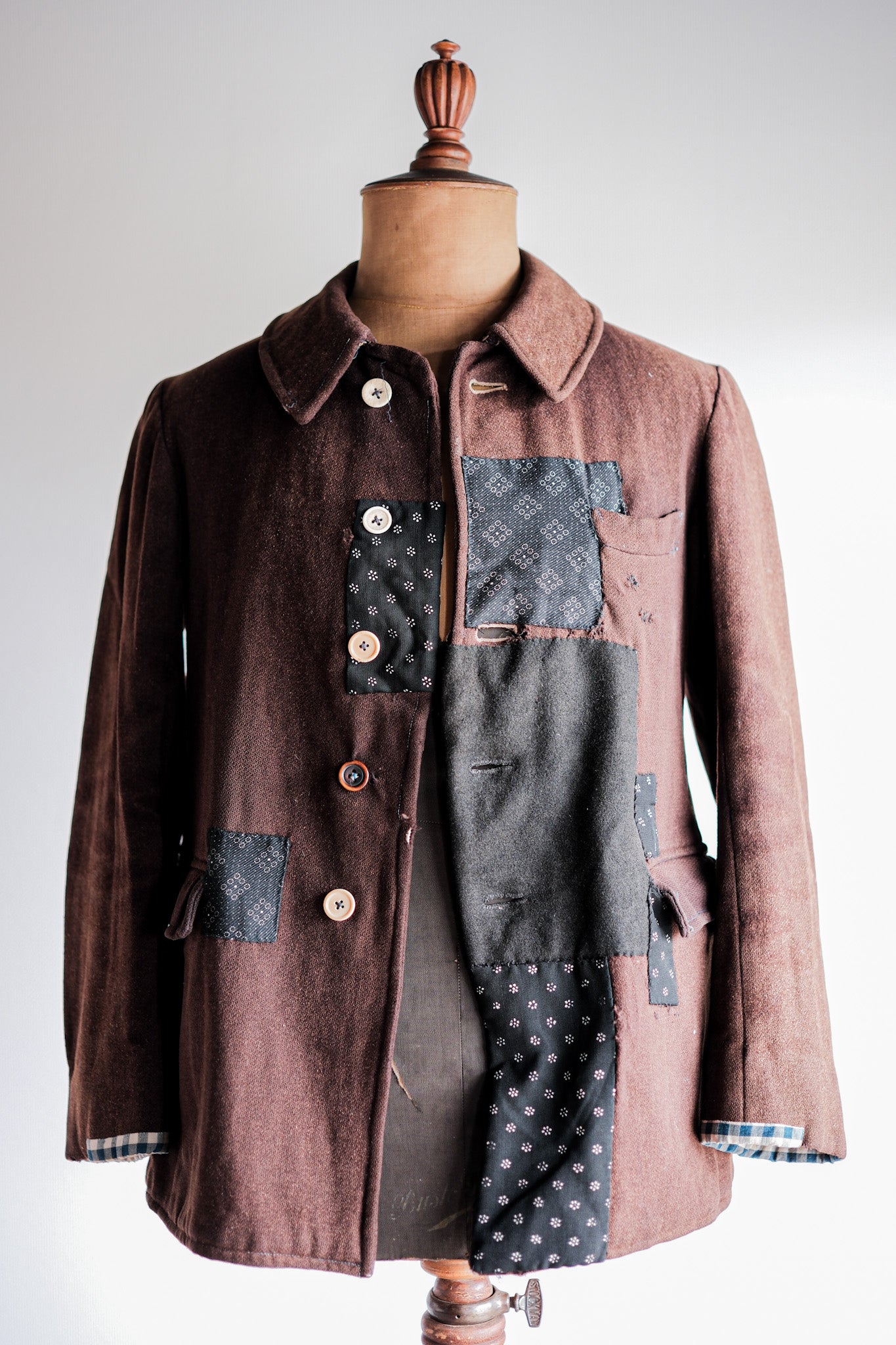 【~20's】French Vintage Brown Wool Work Jacket "Patchwork"