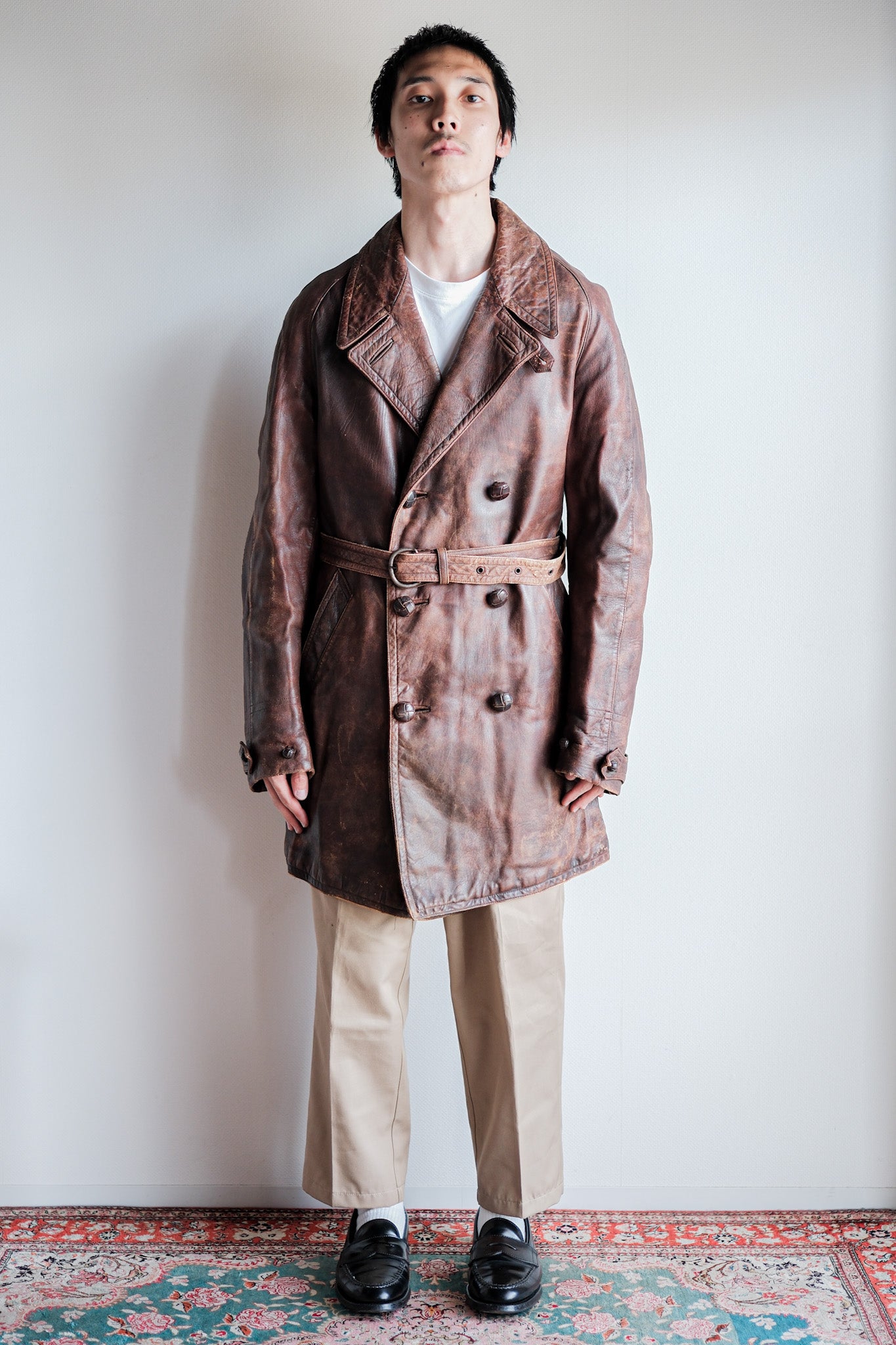 【~40's】French Vintage Double Breasted Brown Leather Coat With Chin Strap