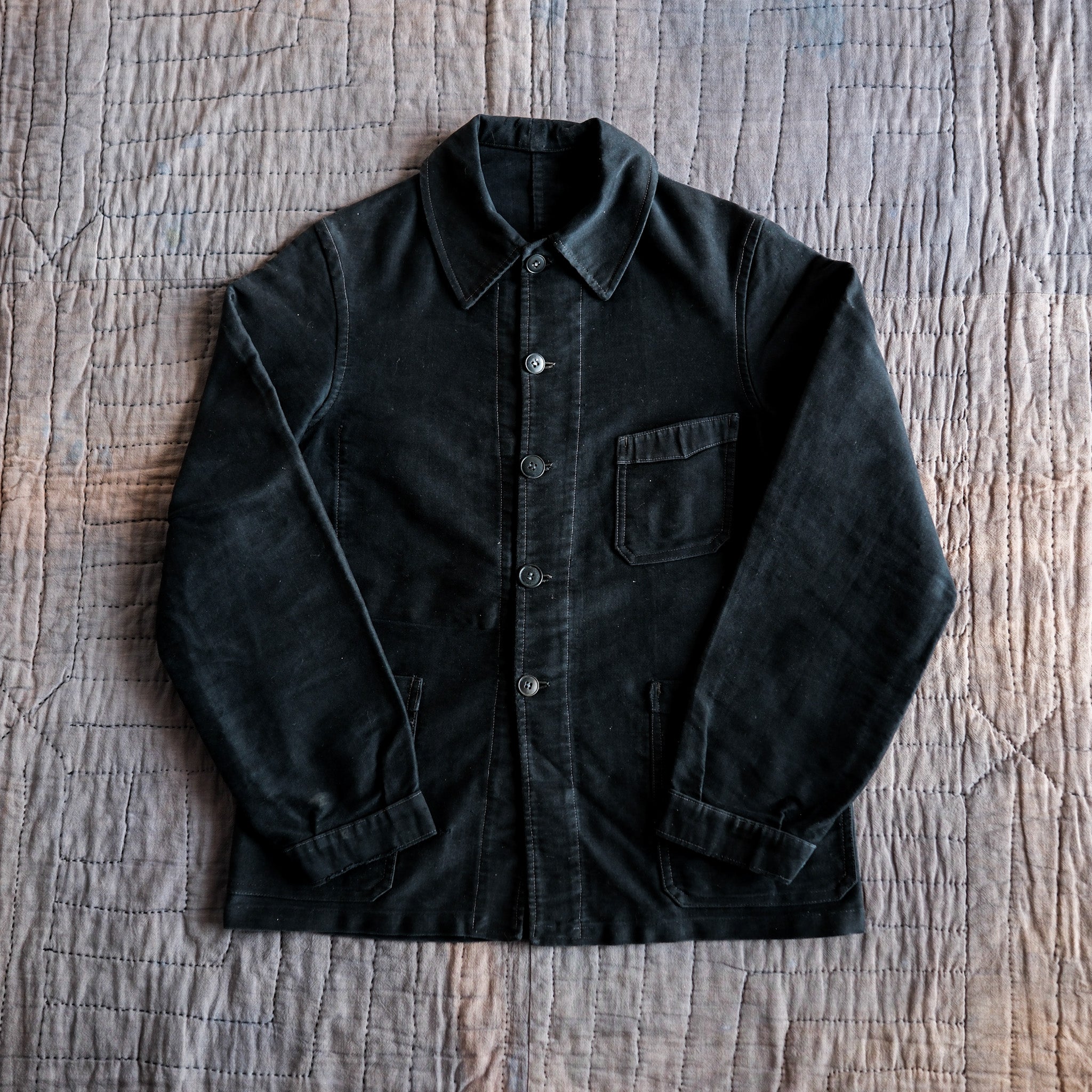 【~40's】French Vintage Black Moleskin Work Jacket "Unusual Pocket"