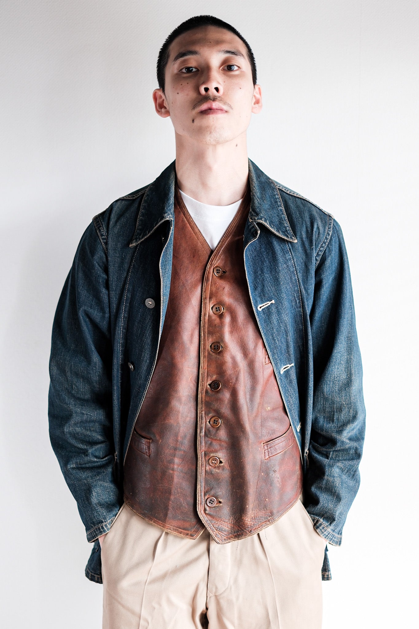 【~50's】French Vintage Brown Leather Work Gilet