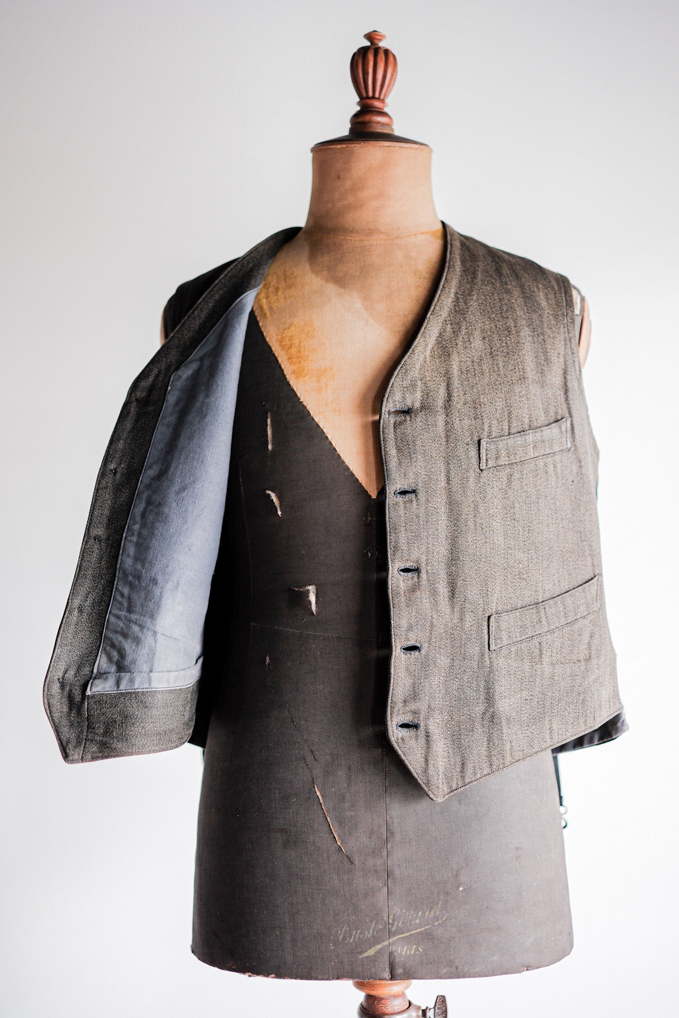 【~50's】French Vintage Brown Salt & Pepper Cotton Work Gilet