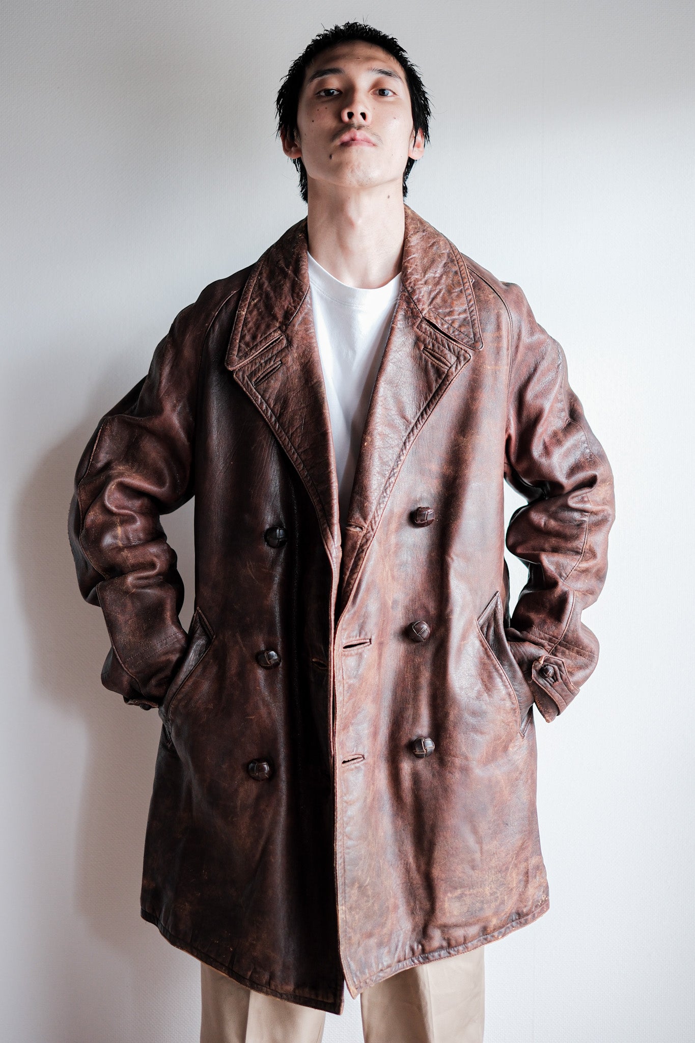 【~40's】French Vintage Double Breasted Brown Leather Coat With Chin Strap