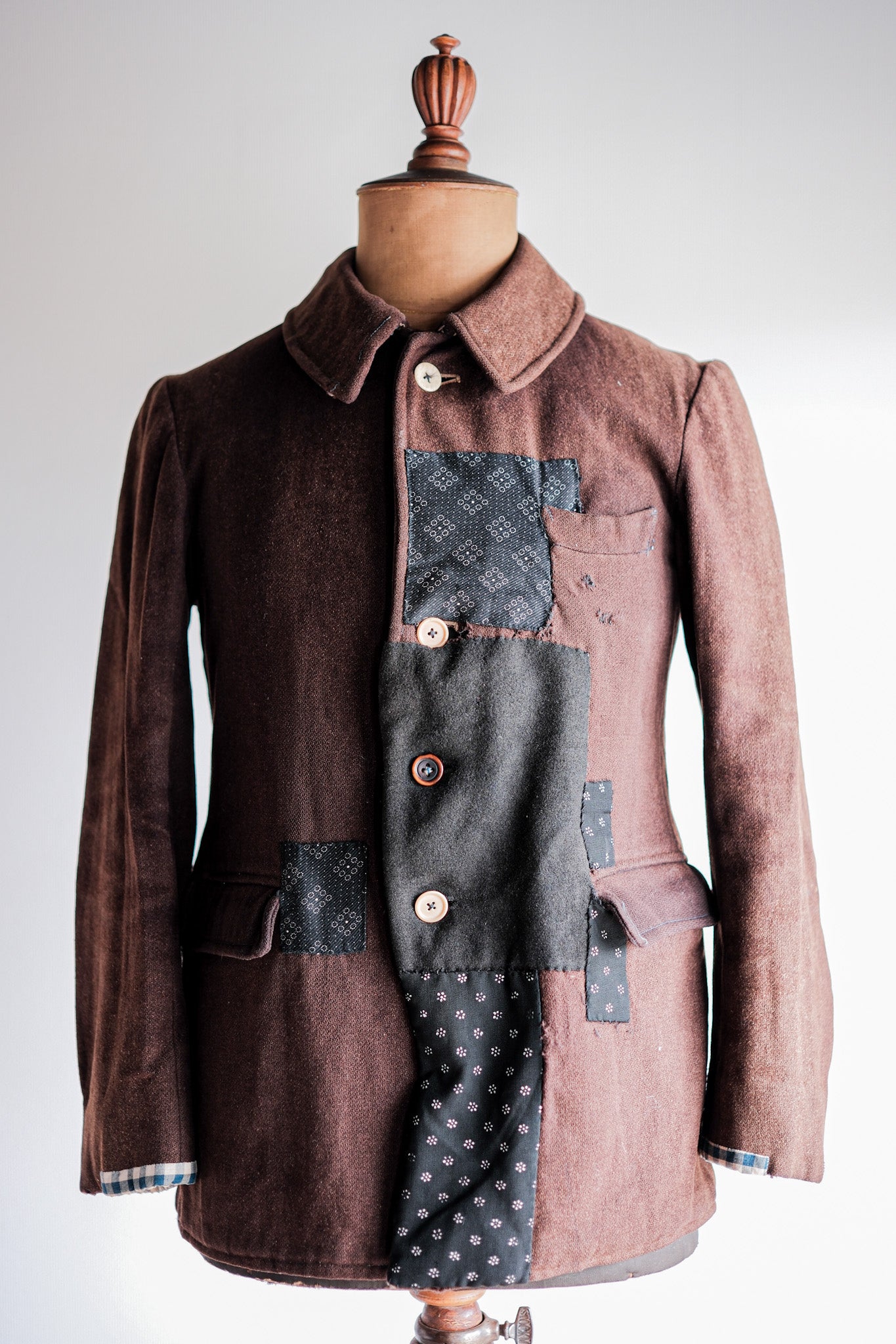 【~20's】French Vintage Brown Wool Work Jacket "Patchwork"