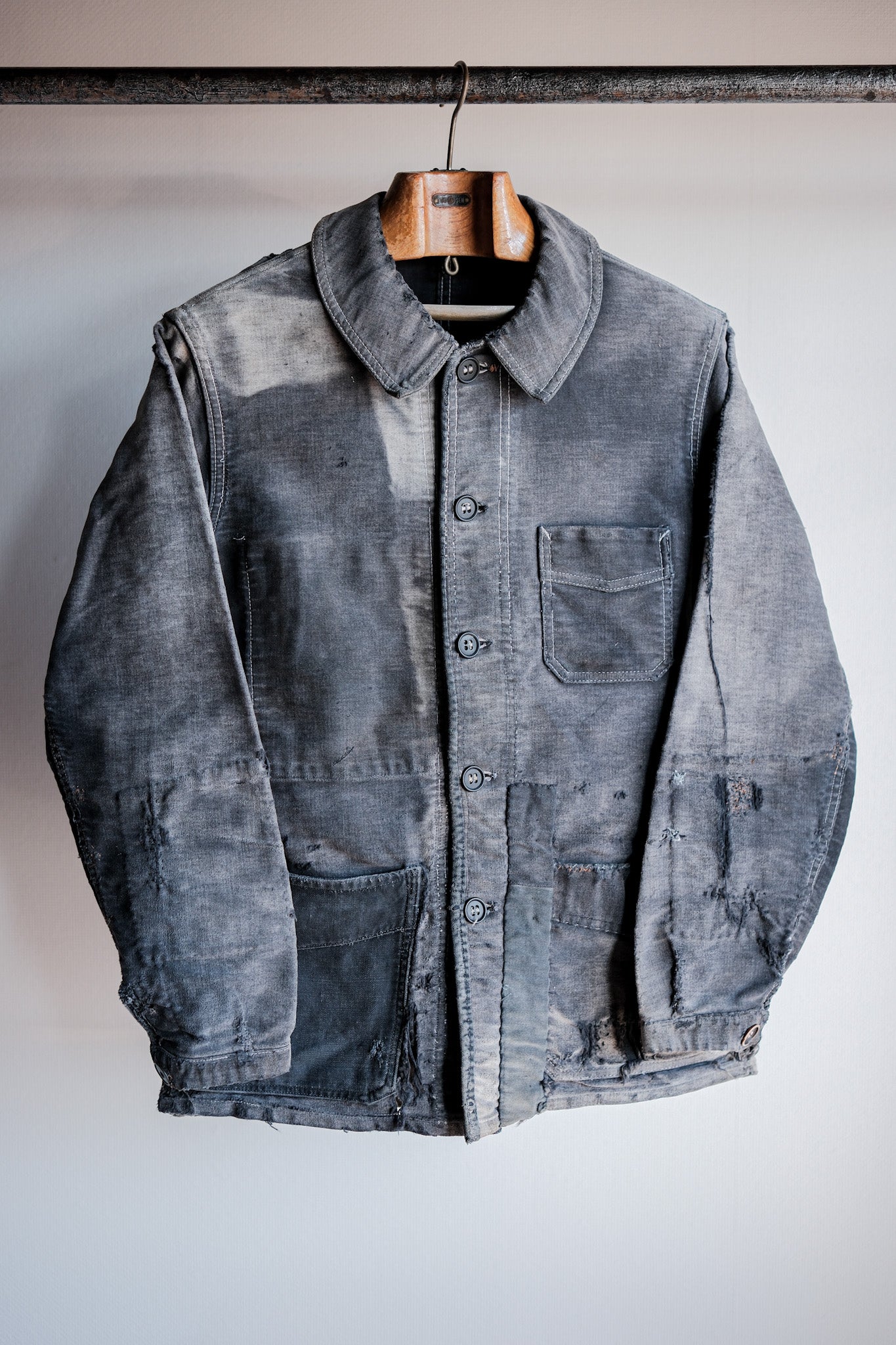 【~40's】French Vintage Black Moleskin Work Jacket "Boro" "Le Mont St. Michel"