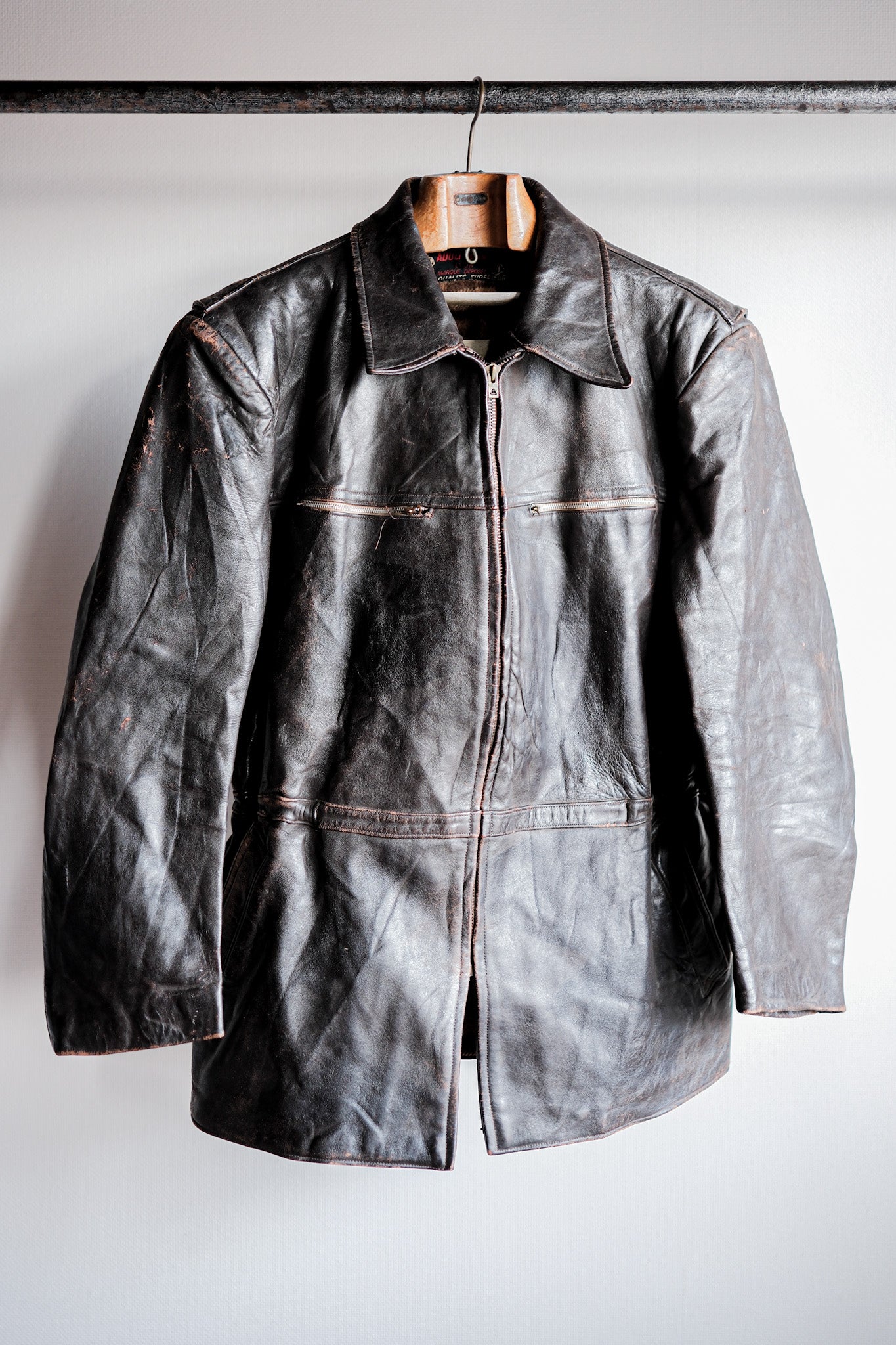 【~50's】French Vintage Cyclist Leather Jacket Size.52 "Adolphe Lafont"