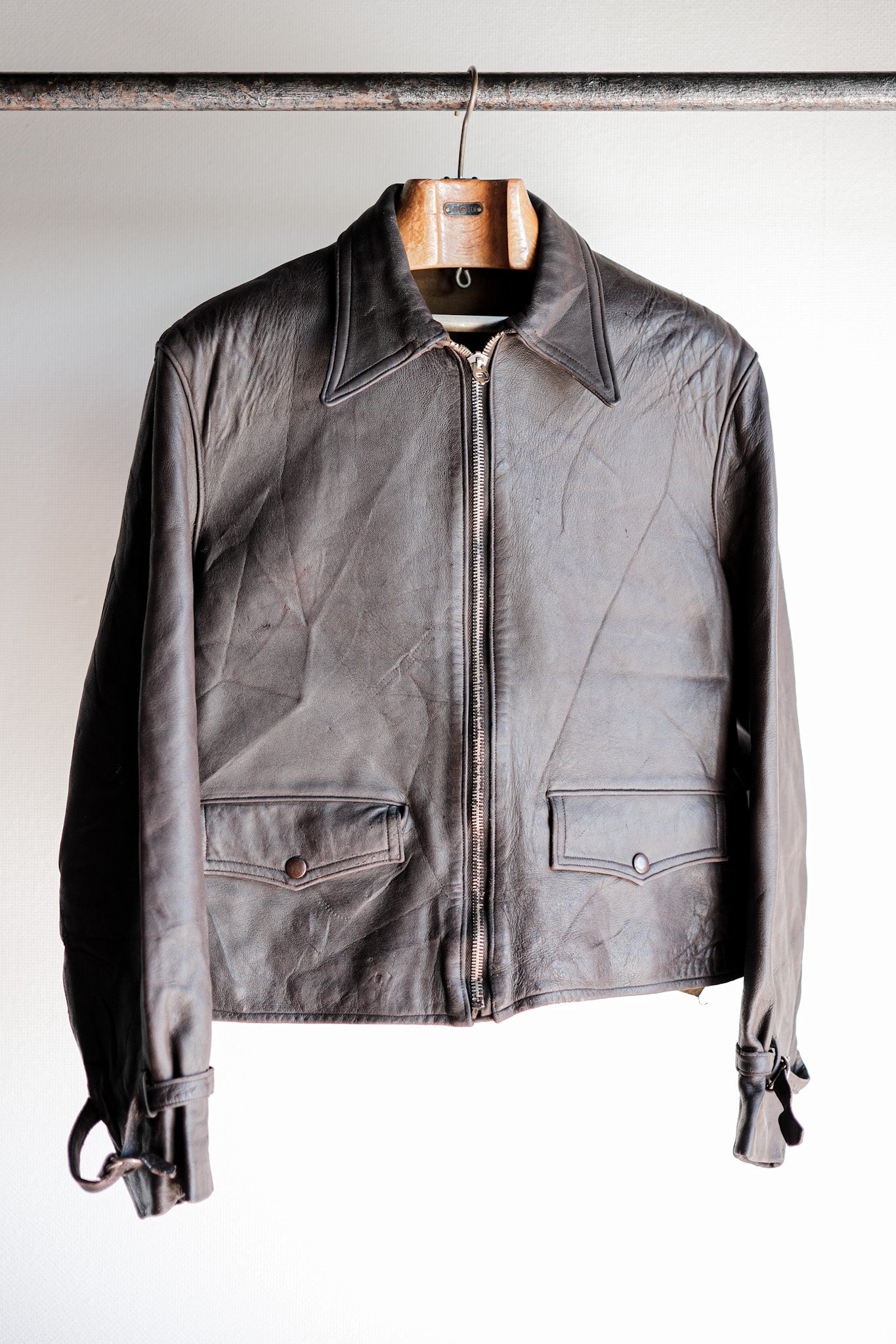 【~40’s】French Vintage Brown Leather Cyclist Jacket "Modified"