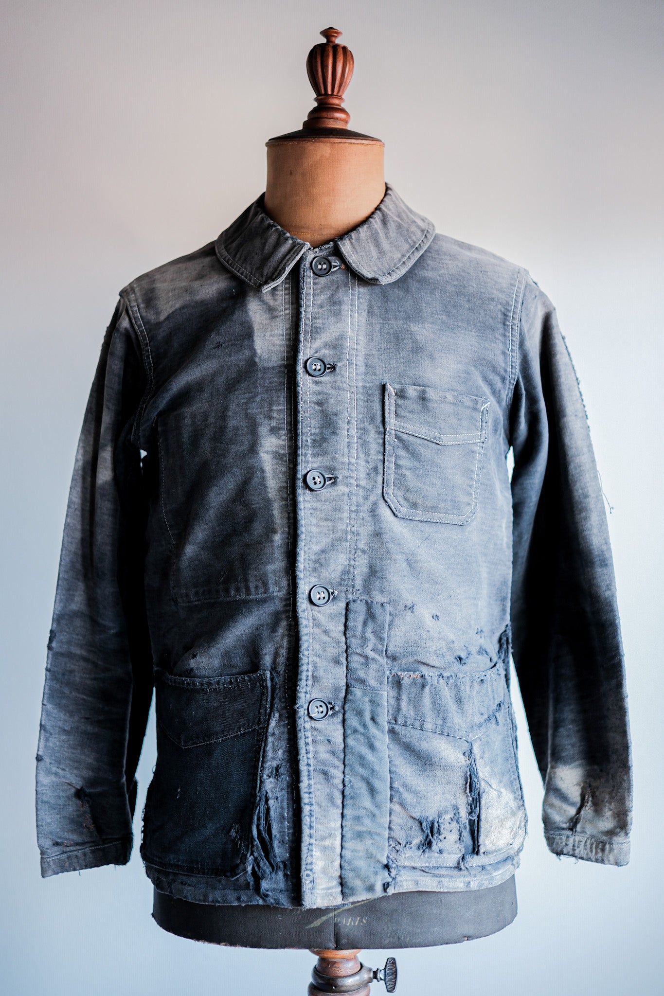 【~40's】French Vintage Black Moleskin Work Jacket "Boro" "Le Mont St. Michel"