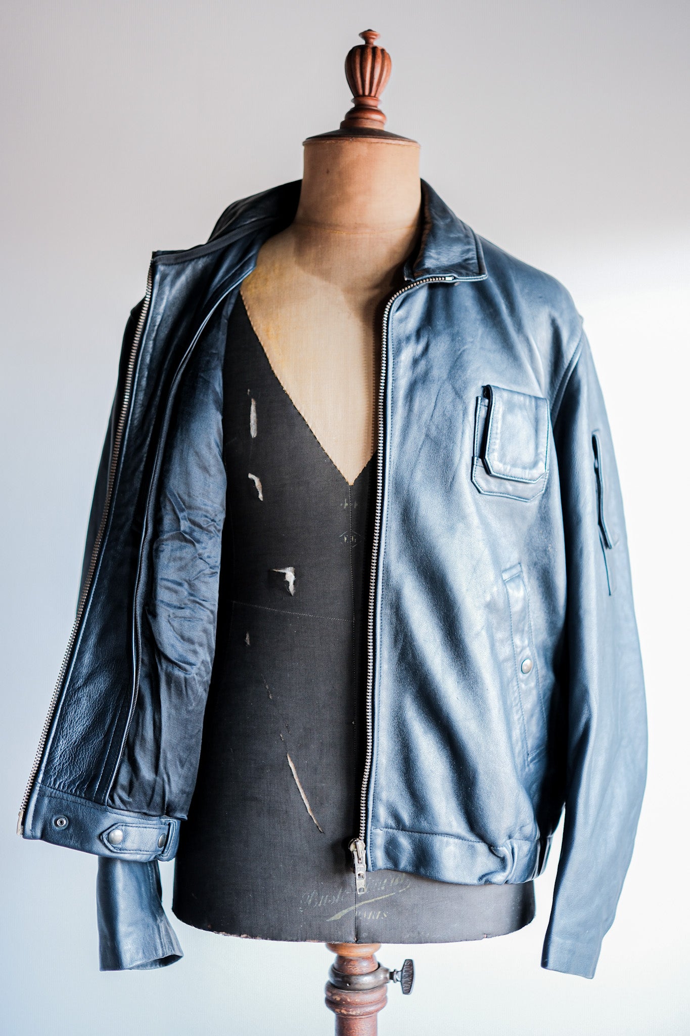 【~70's】French Air Force Pilot Leather Jacket With Chin Strap Size.100L