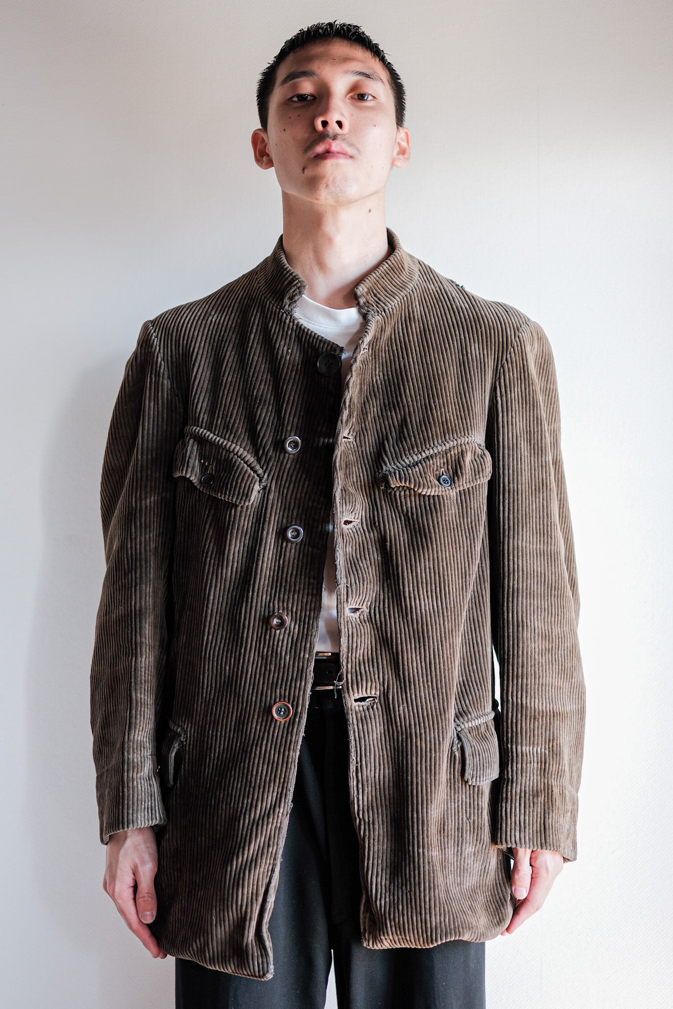 【~30’s】French Vintage Brown Corduroy Stand Collar Work Jacket "Unusual Pattern"