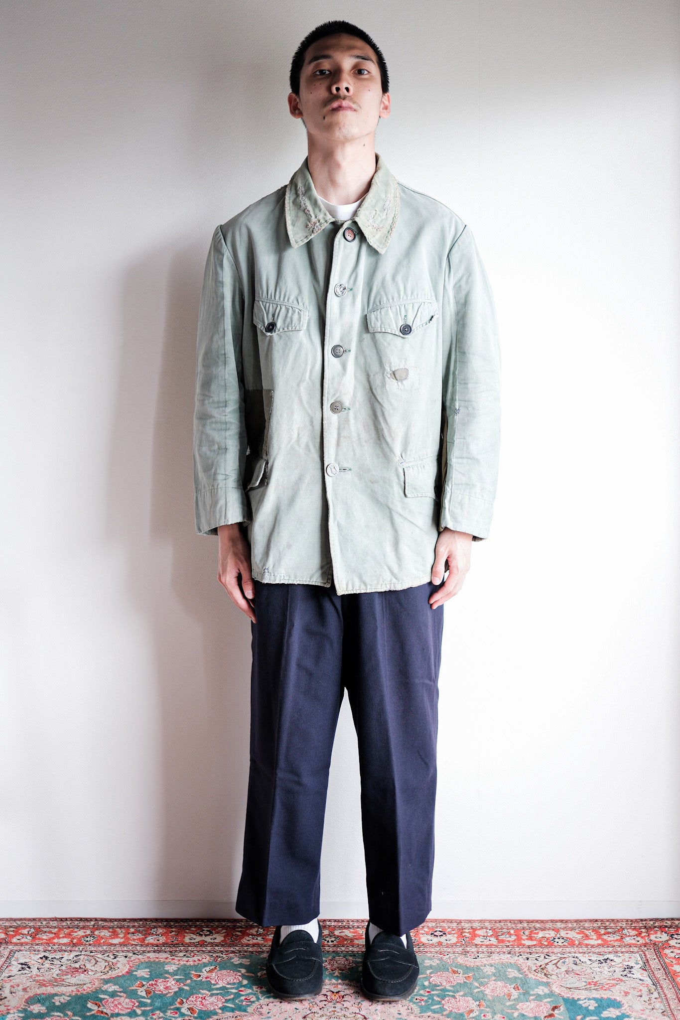 【~50's】French Vintage Green Cotton Canvas Hunting Jacket With Chin Strap "Patchwork"