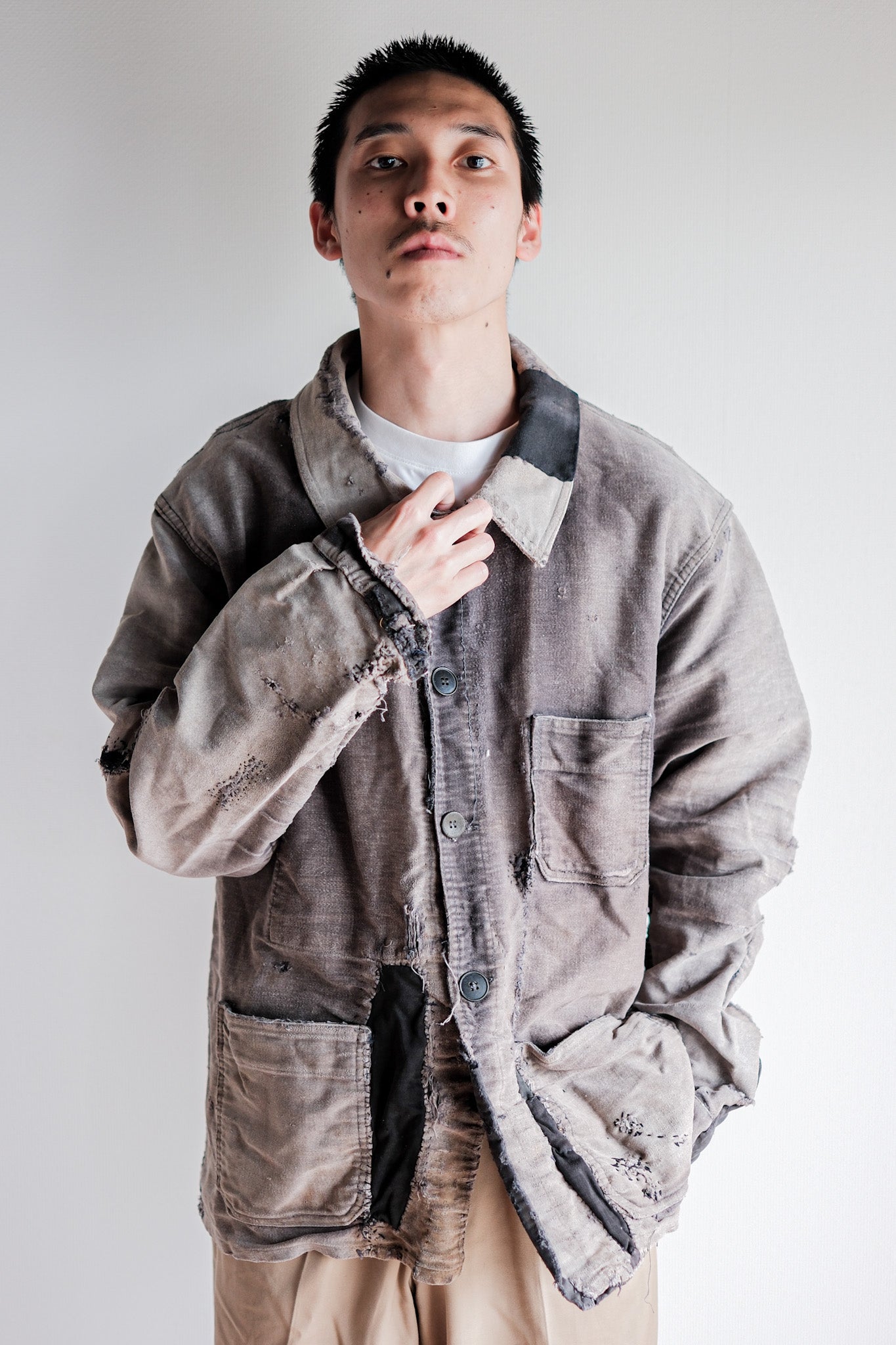 【~50's】French Vintage Black Moleskin Work Jacket "Patchwork"