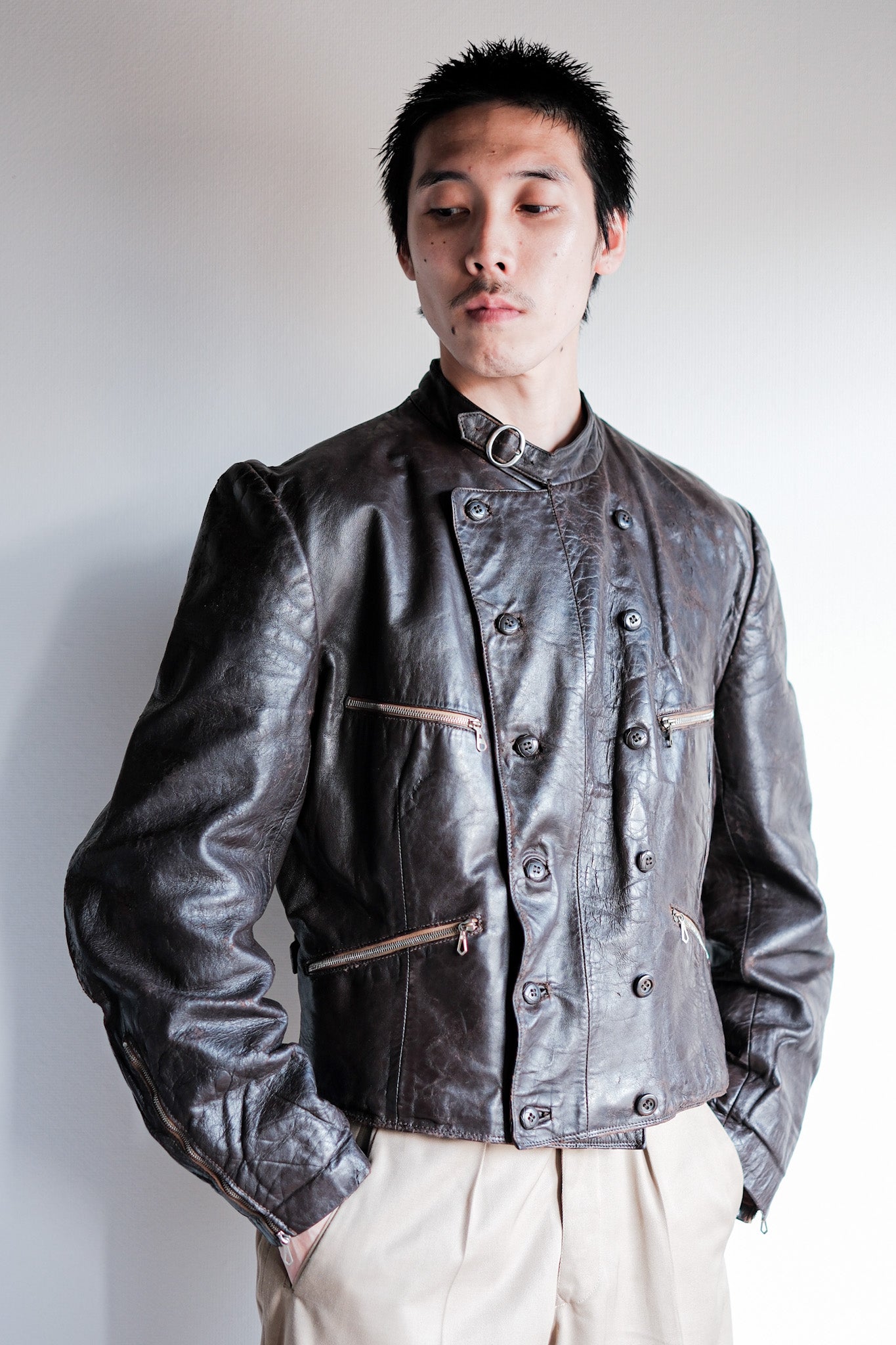 【~40's】German Vintage Double Breasted Motorcycle Leather Jacket