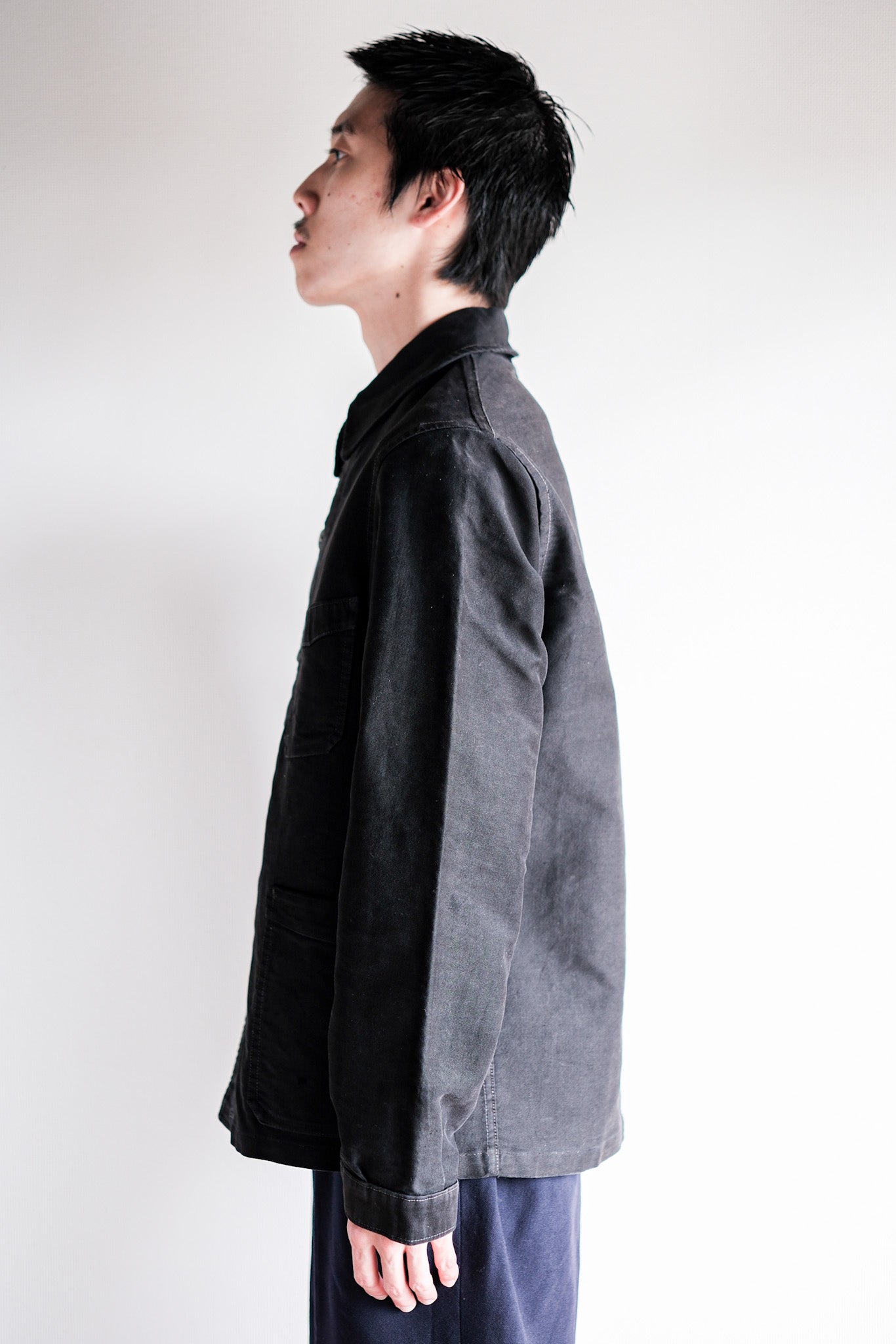 【~40's】French Vintage Black Moleskin Work Jacket "Unusual Pocket"