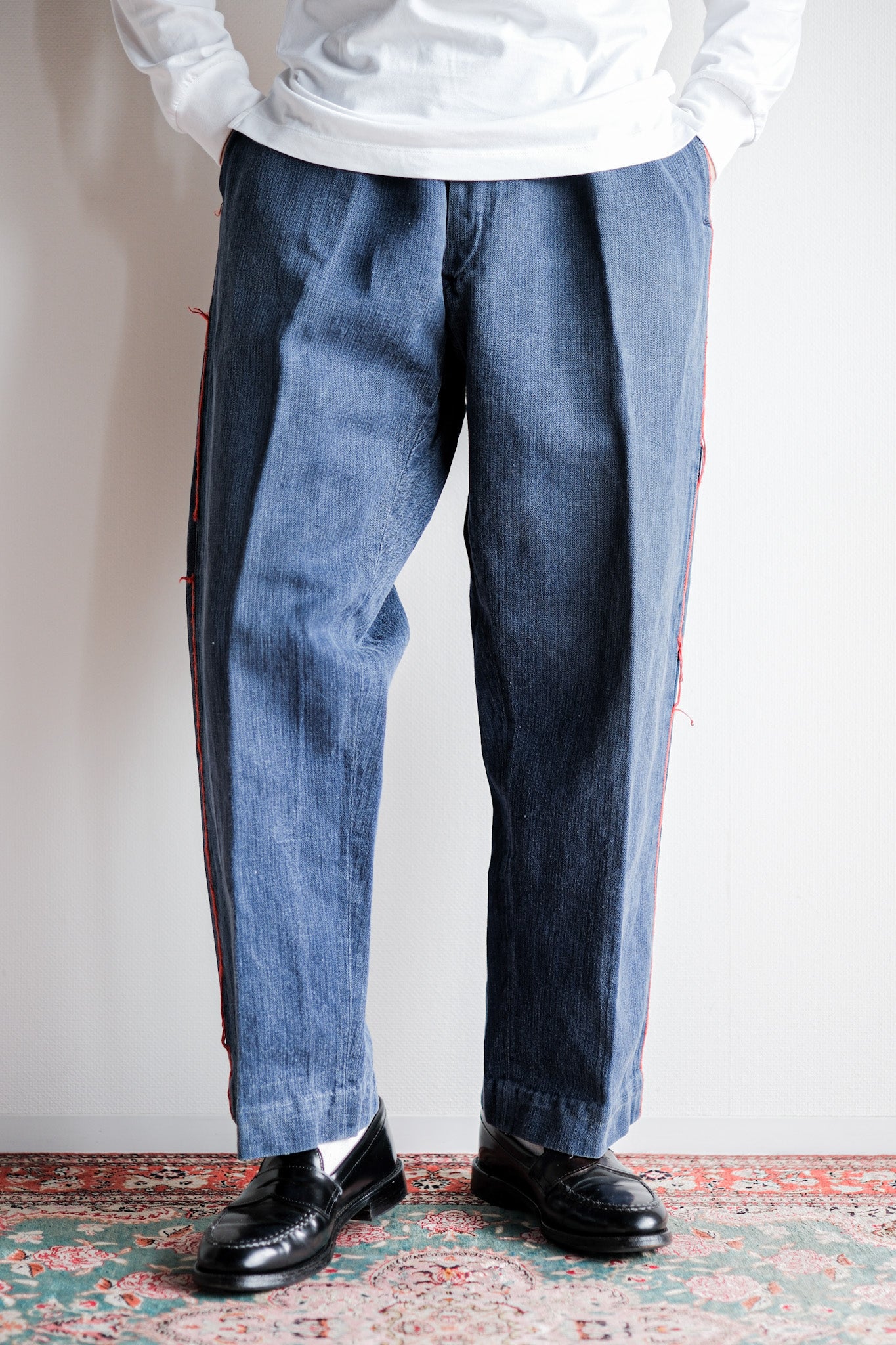 【Early 20th C】French Vintage Indigo HBT Linen Firefighter Trousers