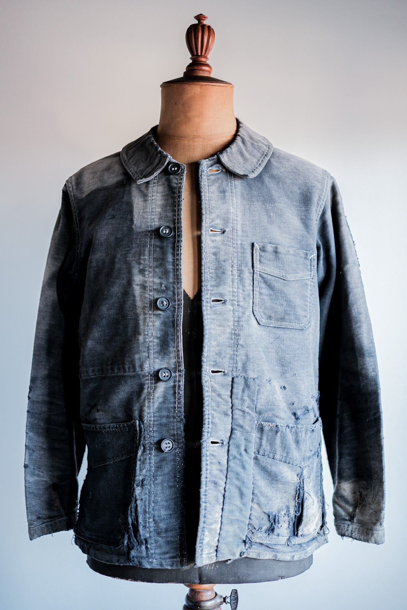 【~40's】French Vintage Black Moleskin Work Jacket "Boro" "Le Mont St. Michel"