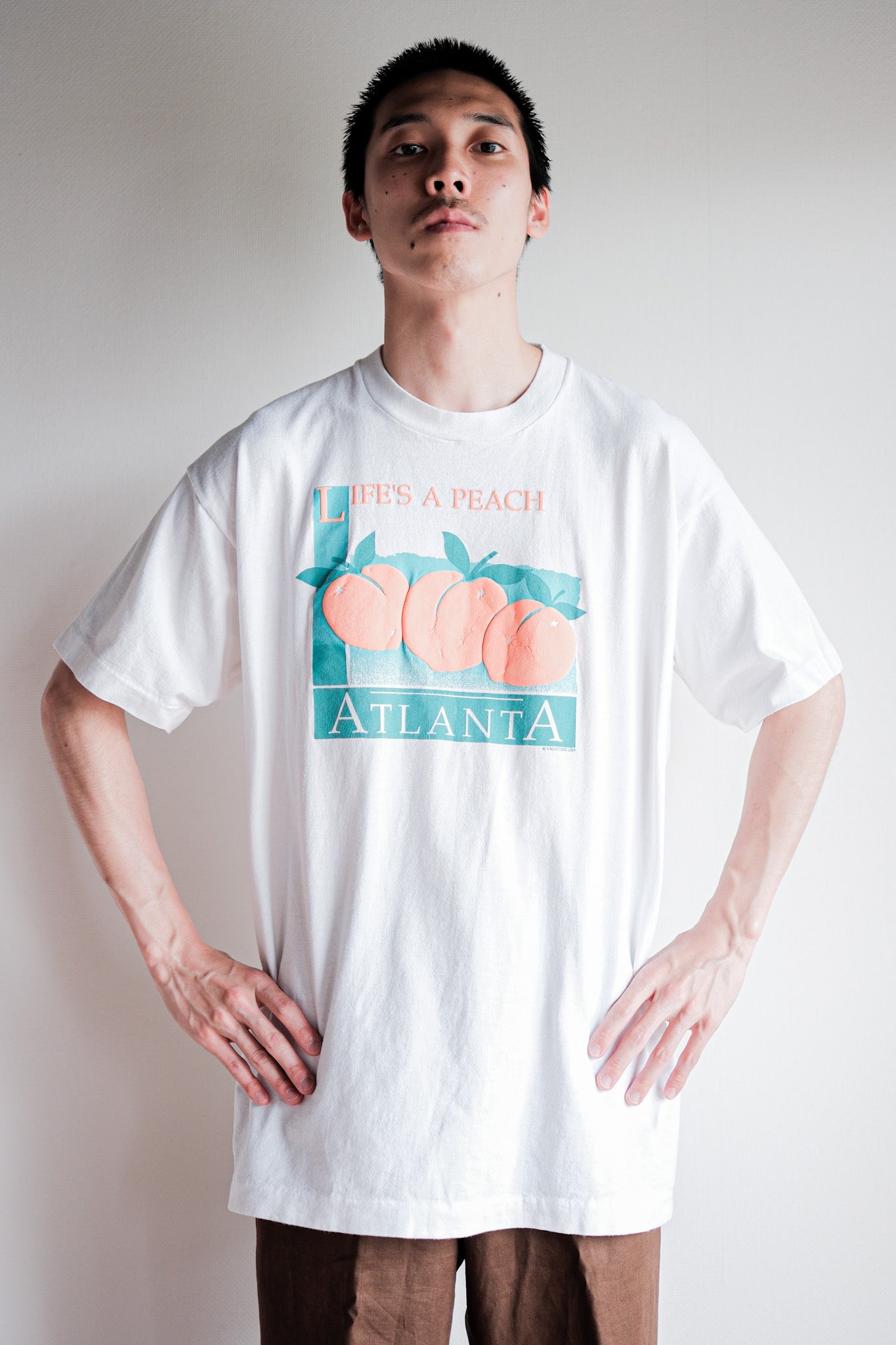 【~90's】Vintage Graphic Print T-shirt Size.XL "LIFE'S A PEACH" "Made in U.S.A."
