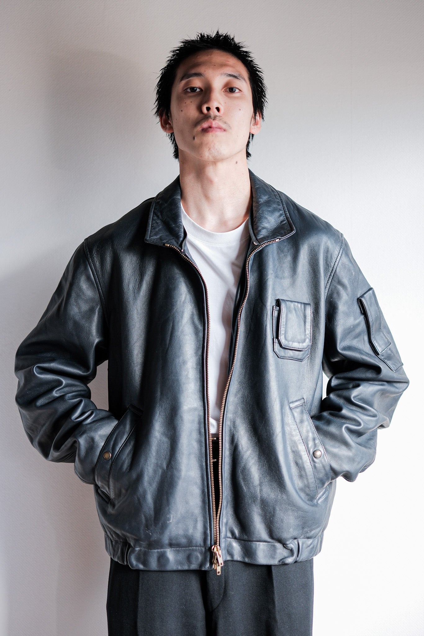 【~70's】French Air Force Pilot Leather Jacket With Chin Strap Size.100L