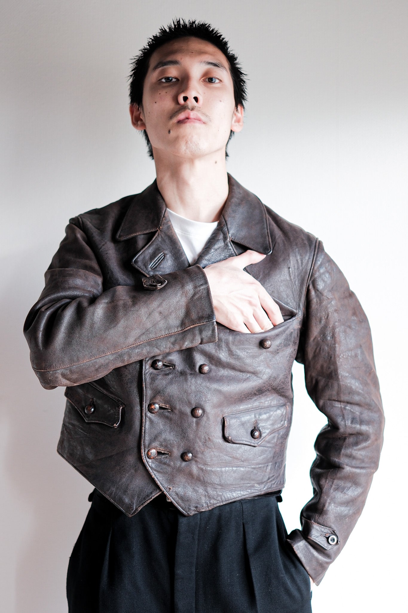 【~40's】German Vintage Double Breasted Motorcycle Leather Jacket