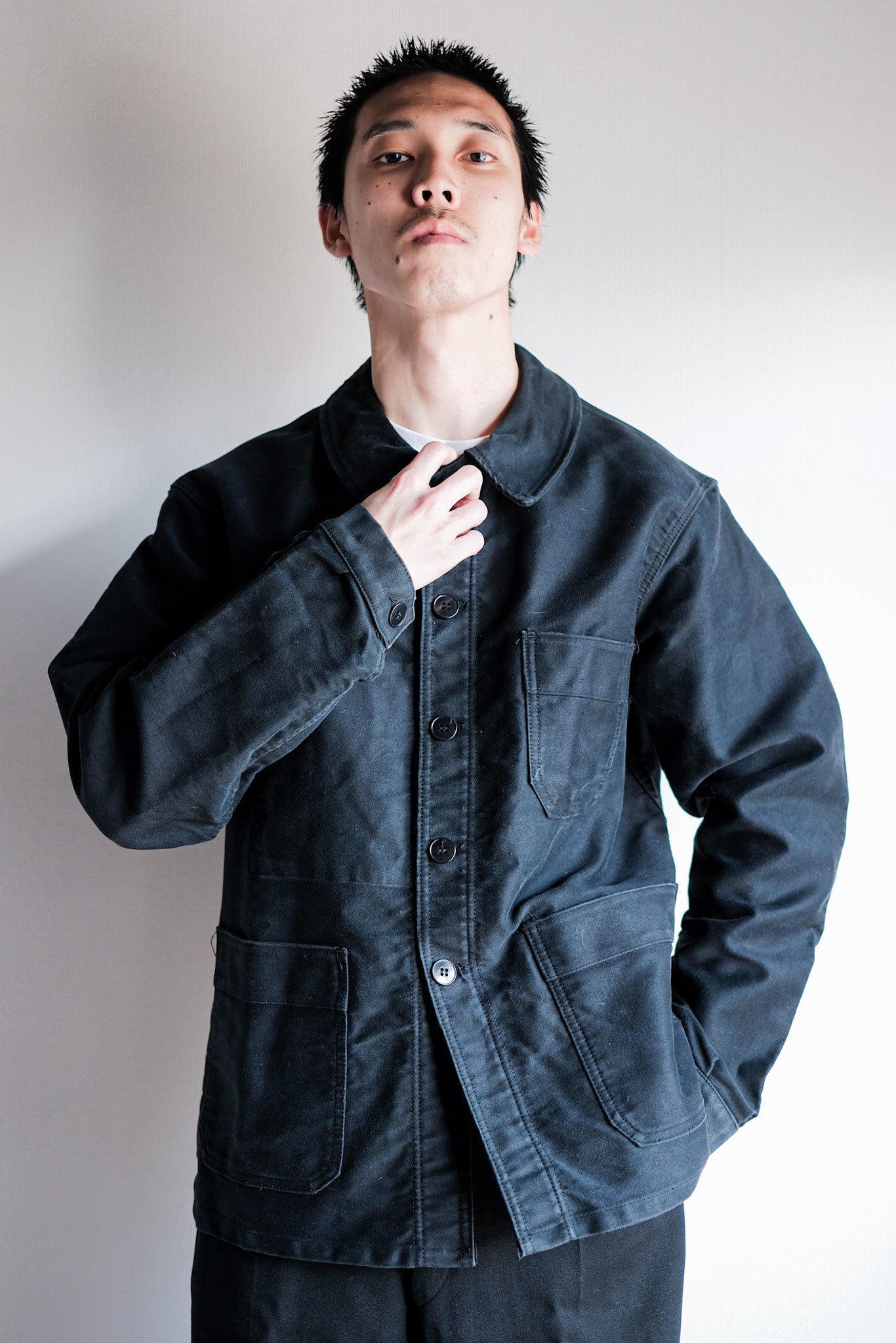 【~60's】French Vintage Black Moleskin Work Jacket "Le Mont St. Michel"