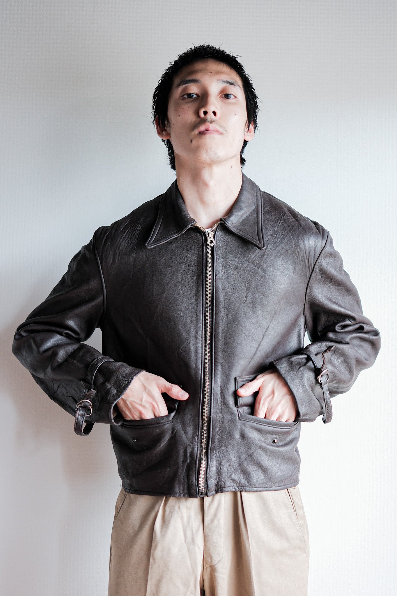 【~40’s】French Vintage Brown Leather Cyclist Jacket "Modified"