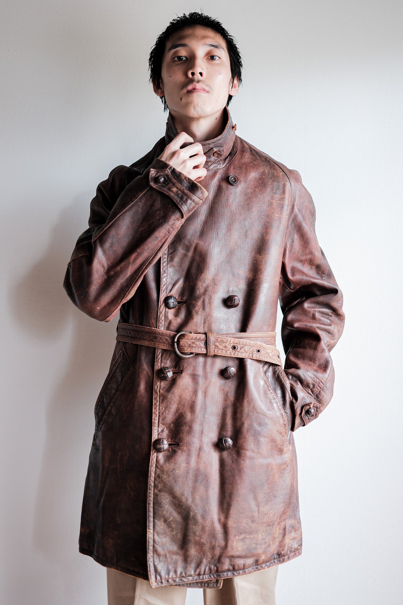 【~40's】French Vintage Double Breasted Brown Leather Coat With Chin Strap